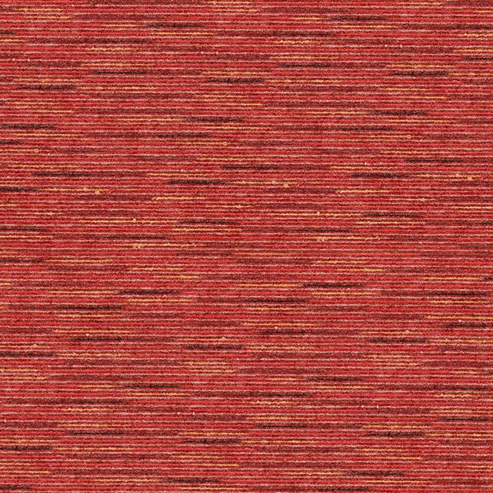 Close-up of red viscose-blend upholstery fabric with fine horizontal slub stripes in orange and deep-red tones, showing a textured contemporary weave suitable for sofas.