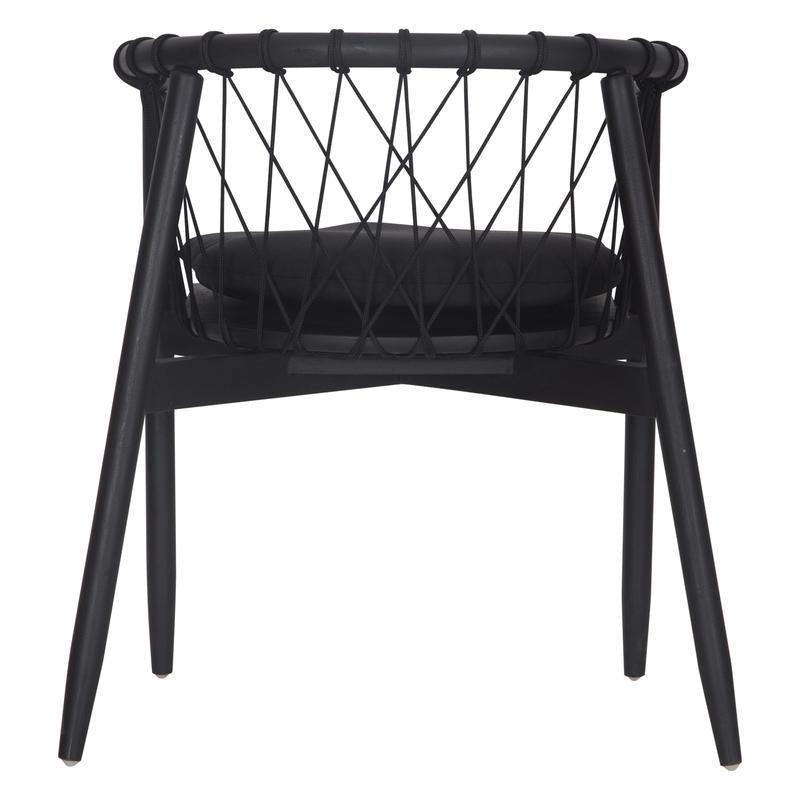 Back view of a modern black dining chair with a woven rope back, fabric-upholstered seat cushion and tapered solid wood legs finished in matte black.