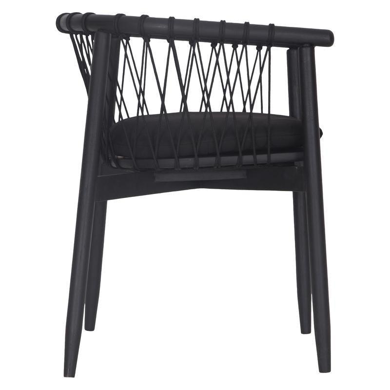 Side view of a modern black dining chair with a solid wood frame and tapered legs, black upholstered cushion seat and a woven rope backrest in a crisscross pattern with low arm supports.