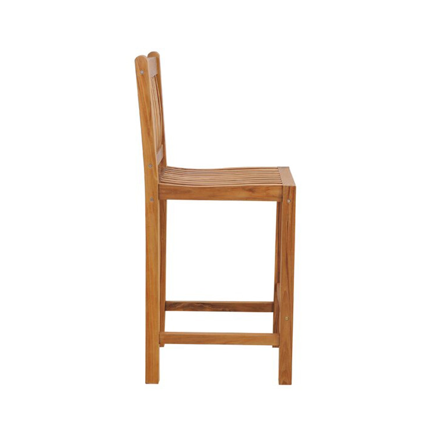 Side view of an armless solid teak outdoor bar stool with a natural finish, slatted seat and back, straight square legs and a built-in footrest, shown on a white background.