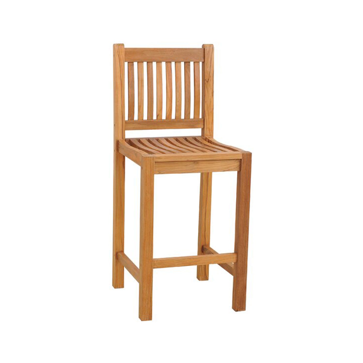 Armless outdoor bar stool in natural teak with a slatted curved seat, vertical slat back, square legs and a front footrest in a coastal-contemporary solid wood design.