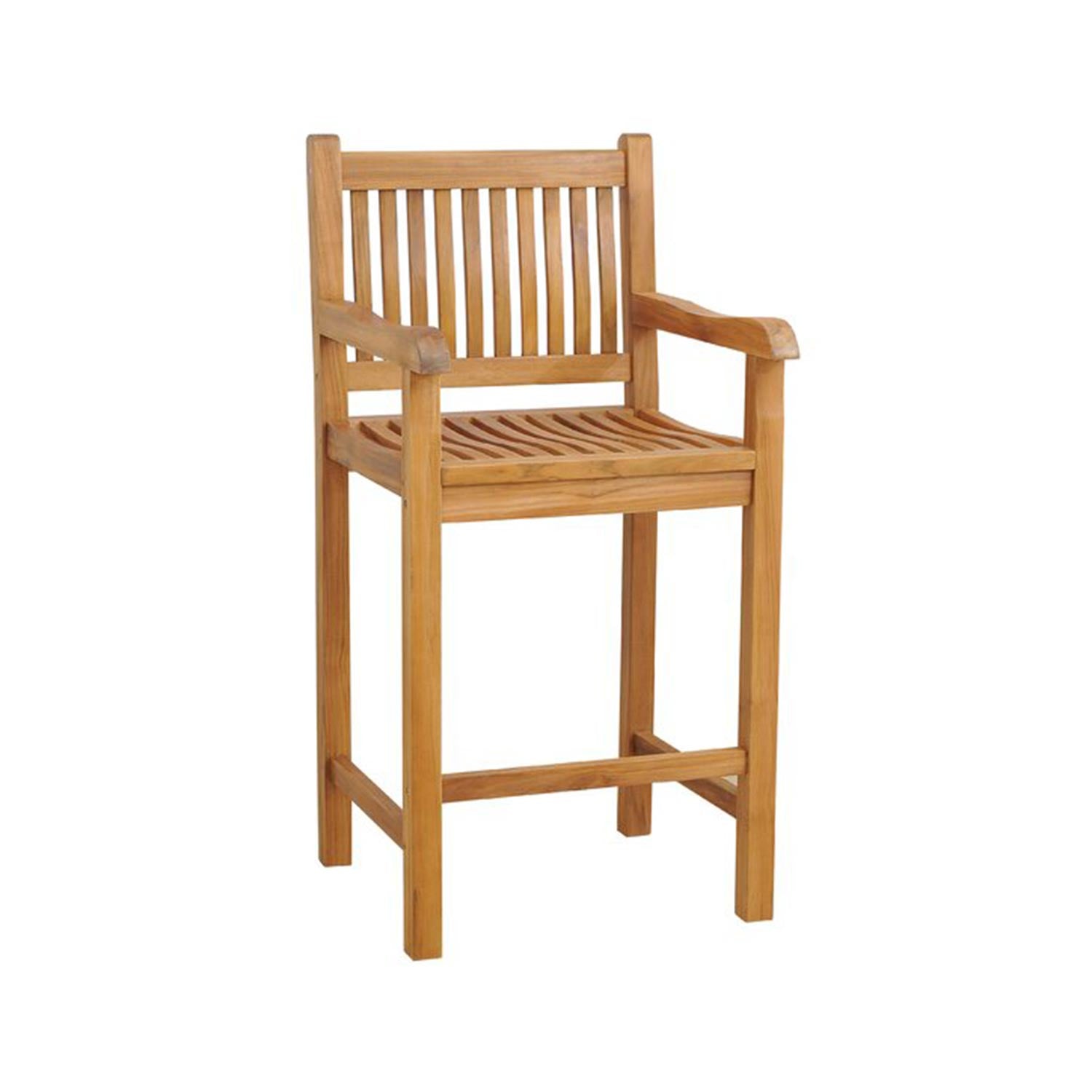 Solid teak outdoor bar stool in a natural finish with a slatted seat, vertical slat back, square legs and armrests—coastal-style patio seating