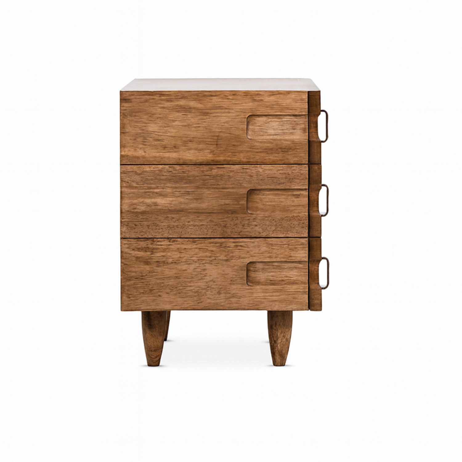 Front view of a solid oak three-drawer nightstand in a natural oak finish with carved recessed drawer pulls, vertical antique brass loop handles on the right edge and tapered wood legs in a contemporary glam style.