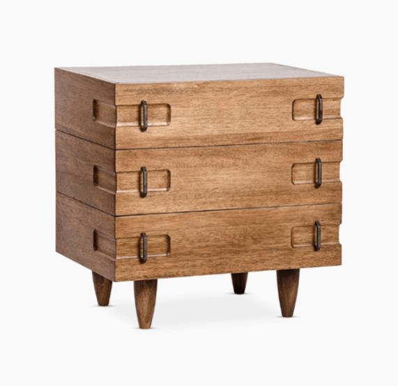Solid oak three-drawer nightstand in a warm natural oak finish with recessed antique brass ring handles set in rectangular cutouts and tapered wood legs for a contemporary-glam bedside look.