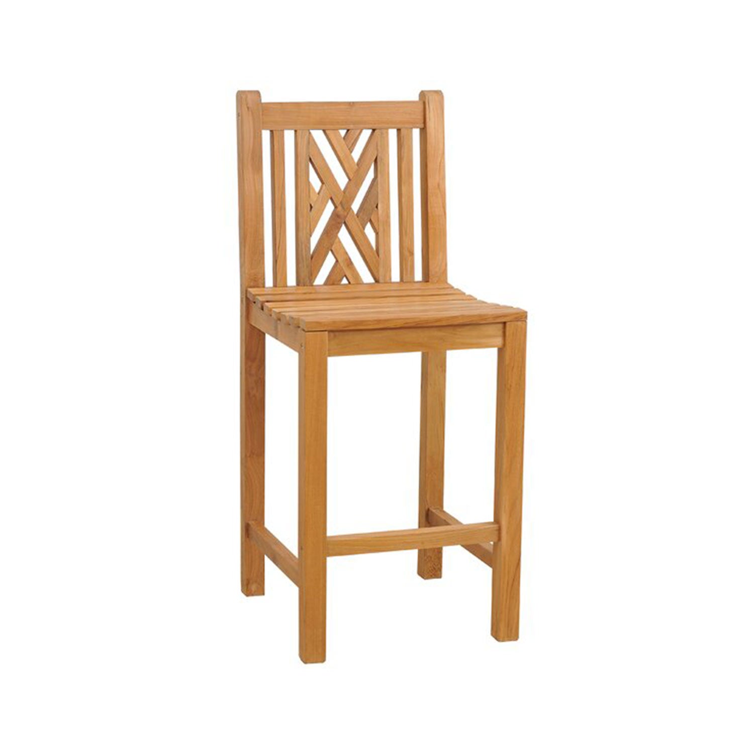 Armless outdoor bar stool in natural teak with a slatted seat, square legs, a low footrest and a decorative crisscross lattice backrest, designed for coastal patio seating.
