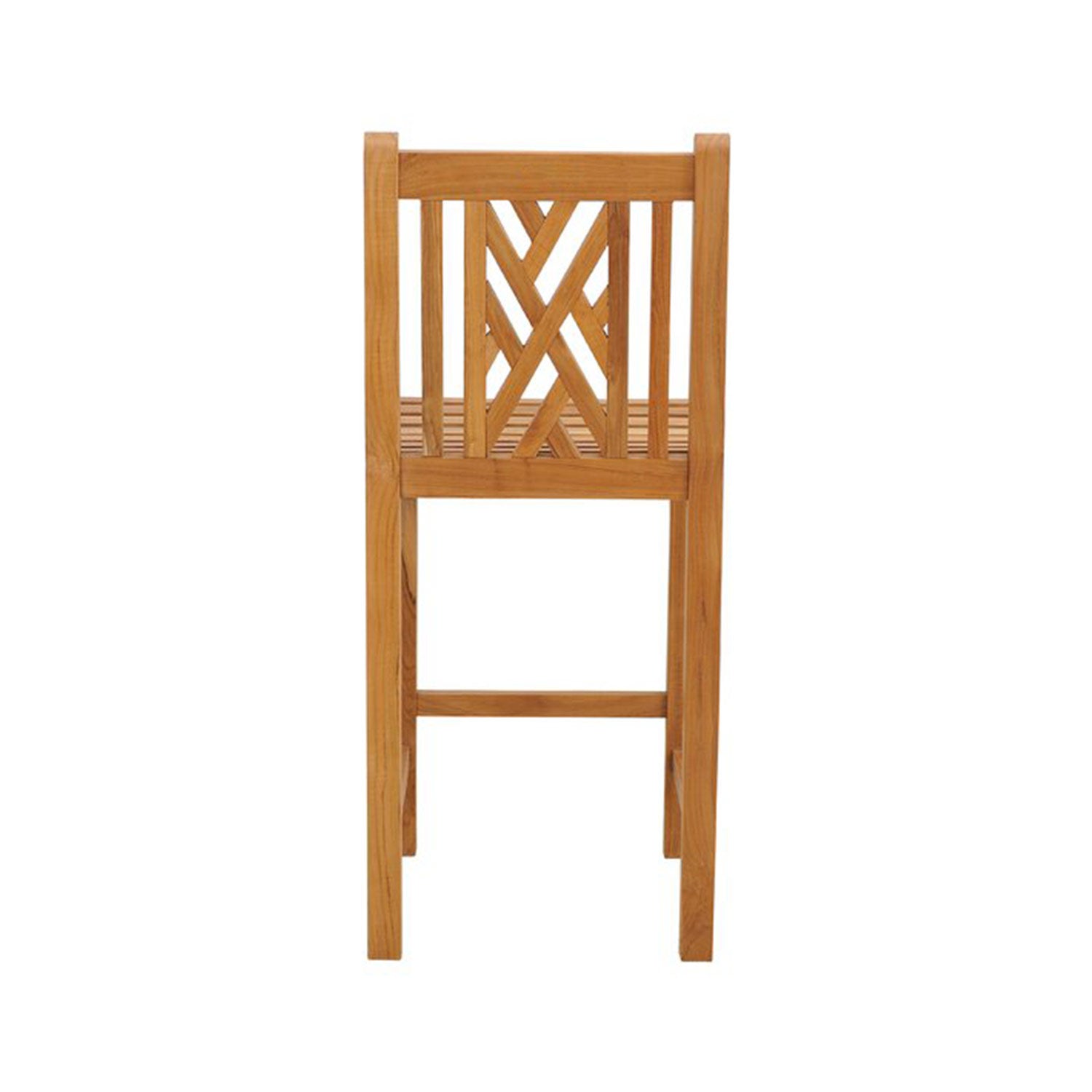 Rear view of an armless outdoor bar stool in natural teak, featuring a slatted seat, geometric crisscross backrest and straight square legs in a coastal wood finish.