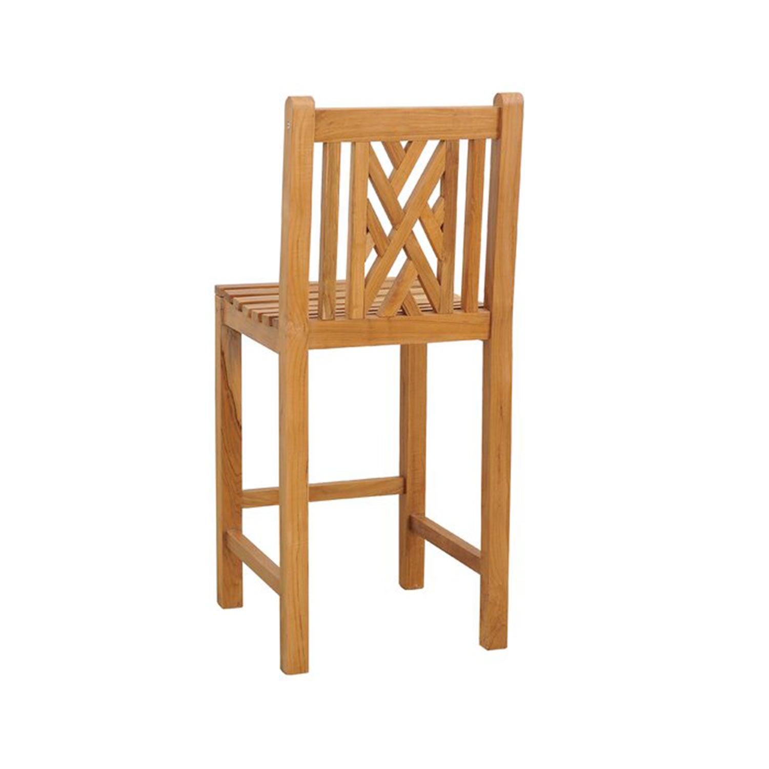 Armless outdoor bar stool in natural teak with a slatted seat, decorative X-pattern back, square legs and integrated footrest, styled for coastal patio seating.