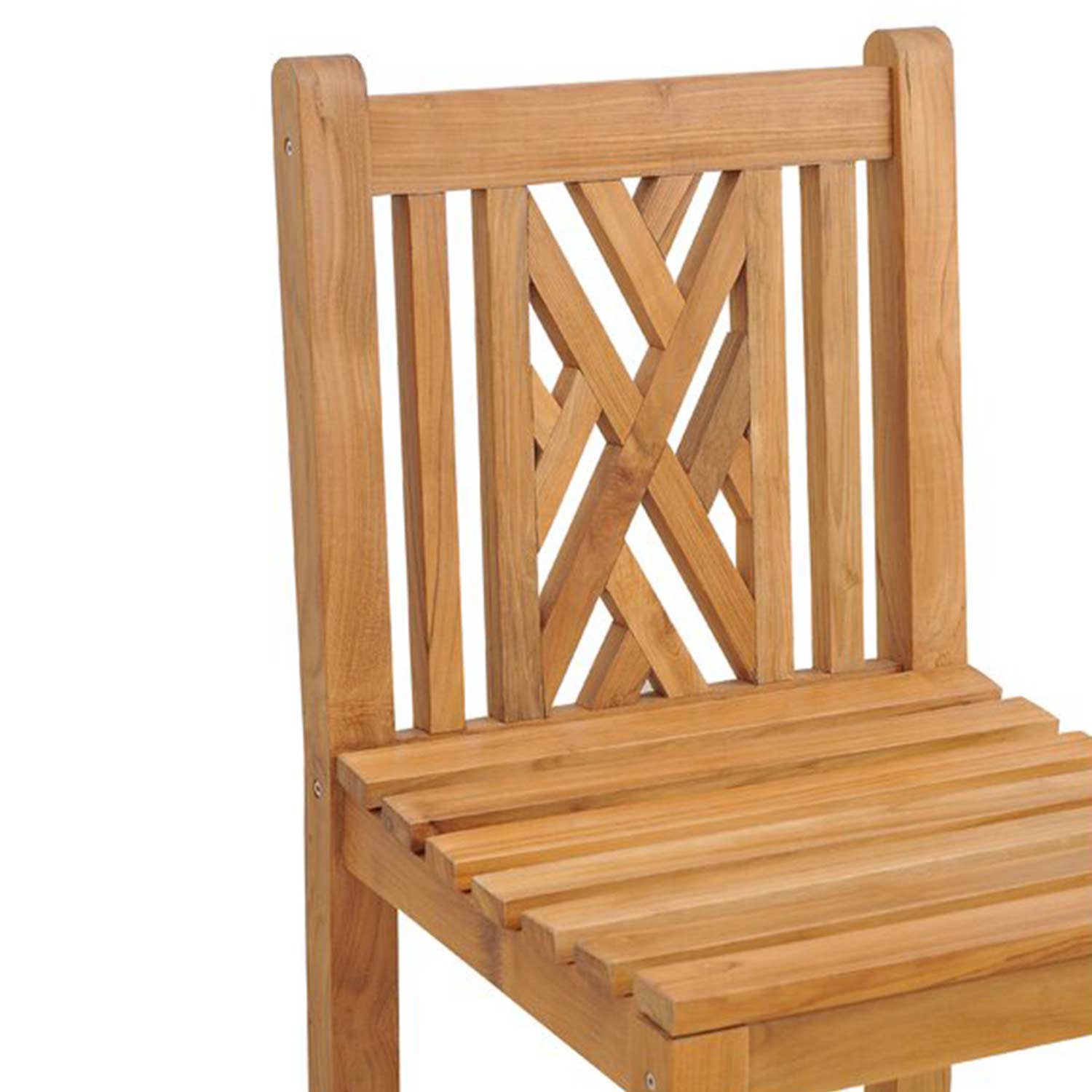 Close-up of a natural teak armless outdoor bar stool showing a slatted seat and decorative geometric lattice back in a warm teak finish, ideal for coastal patios.