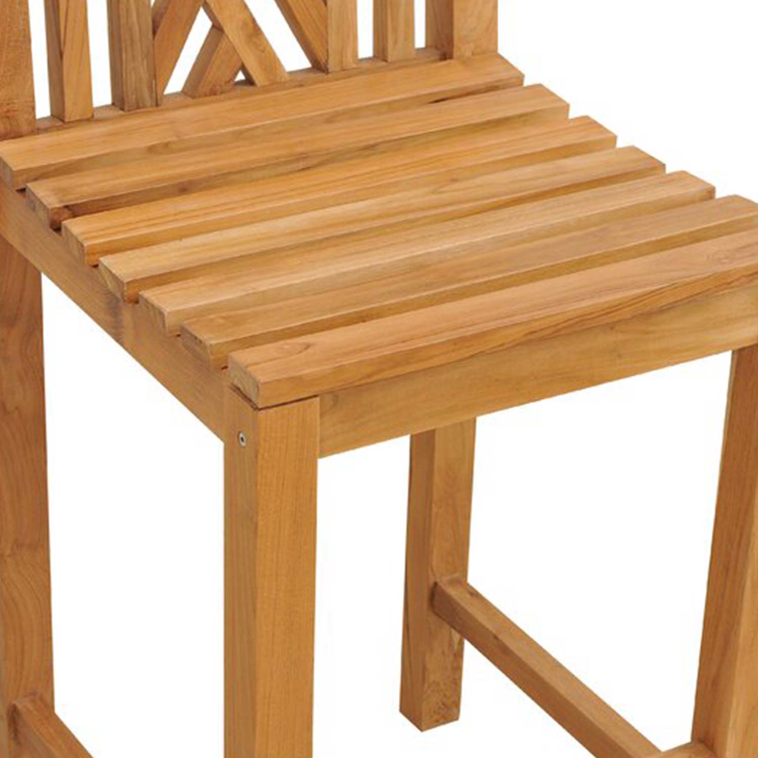 Close-up of an armless outdoor bar stool in natural teak showing the slatted seat, square legs and a low footrest with warm coastal wood finish.