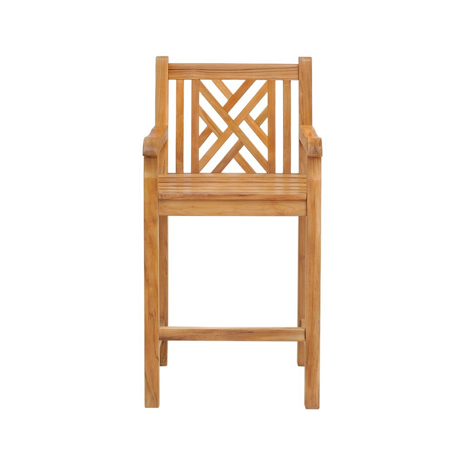 Front-facing natural teak outdoor bar stool with armrests, slatted seat, geometric lattice back and built-in footrest, coastal solid-wood construction in a warm teak finish.