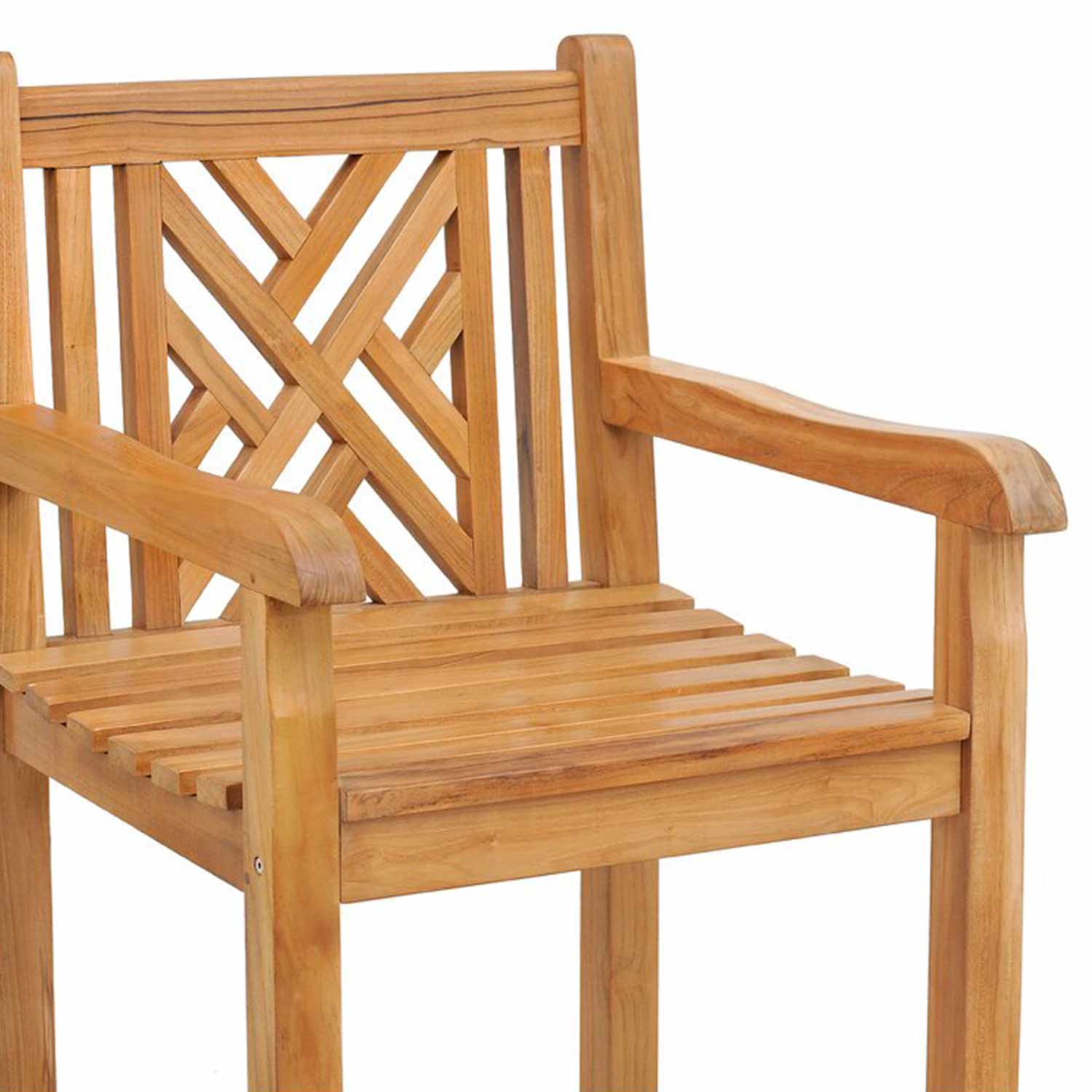 Close-up of a natural teak outdoor bar stool with slatted seat, curved armrests and a geometric cross-back detail in a coastal solid wood finish.