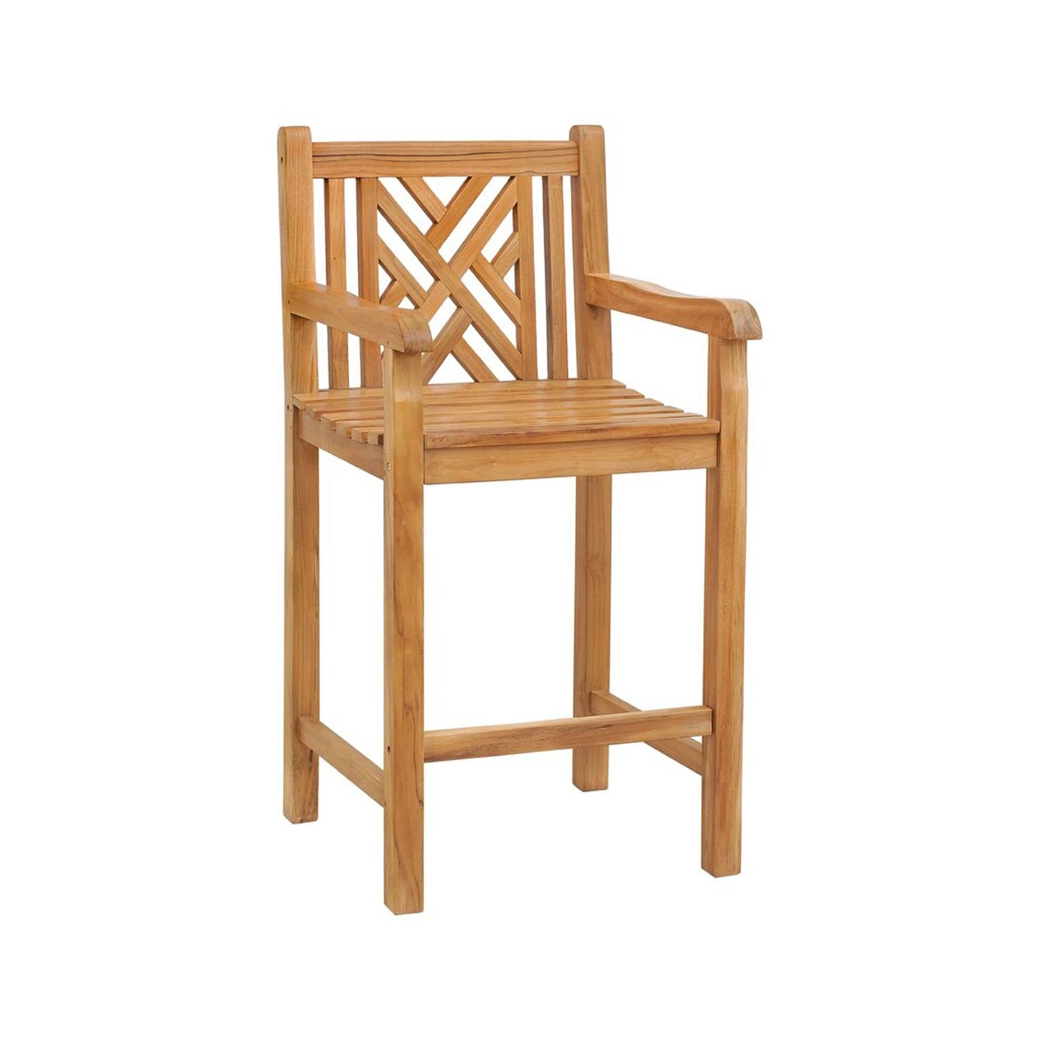 Natural teak outdoor bar stool in a coastal style with a slatted seat, geometric lattice back and integrated armrests, finished in warm natural teak and displayed on a white background.