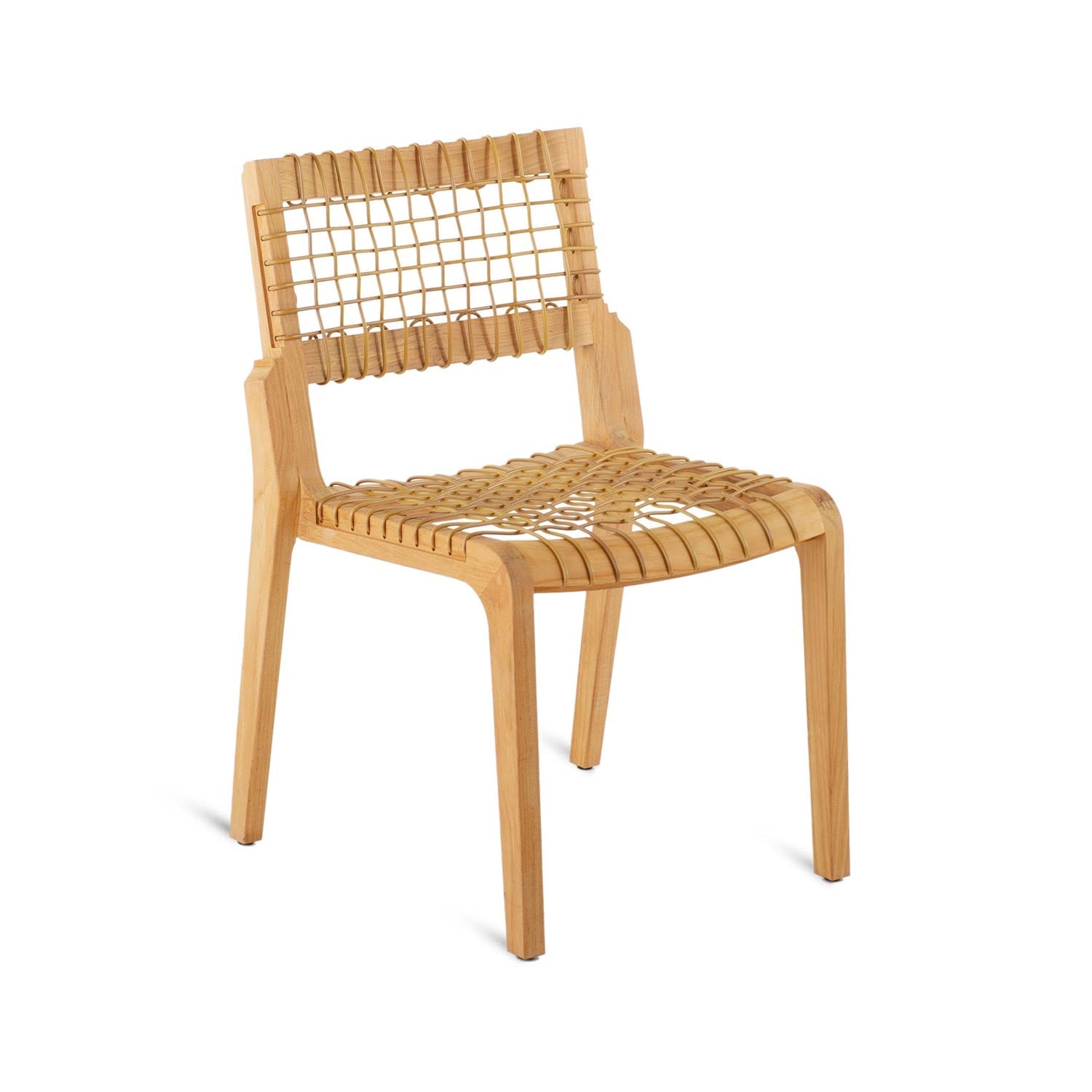 Armless natural teak dining chair with woven rattan-style seat and open-grid back, solid wood frame and tapered legs suitable for outdoor coastal dining.