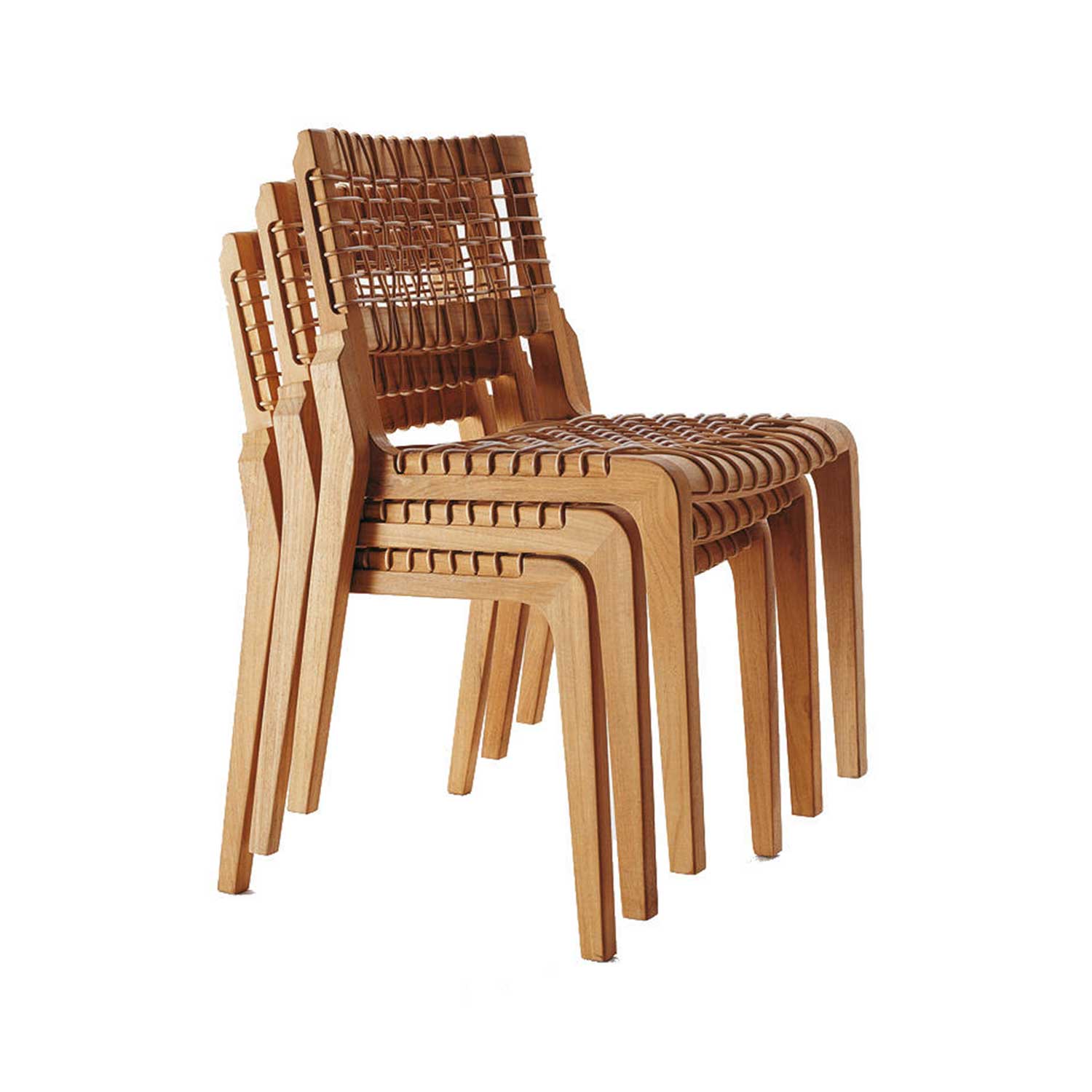 Three stackable natural teak dining chairs with curved solid-wood frames and woven rattan-style seats and backs in a warm natural finish, shown stacked on a white background.