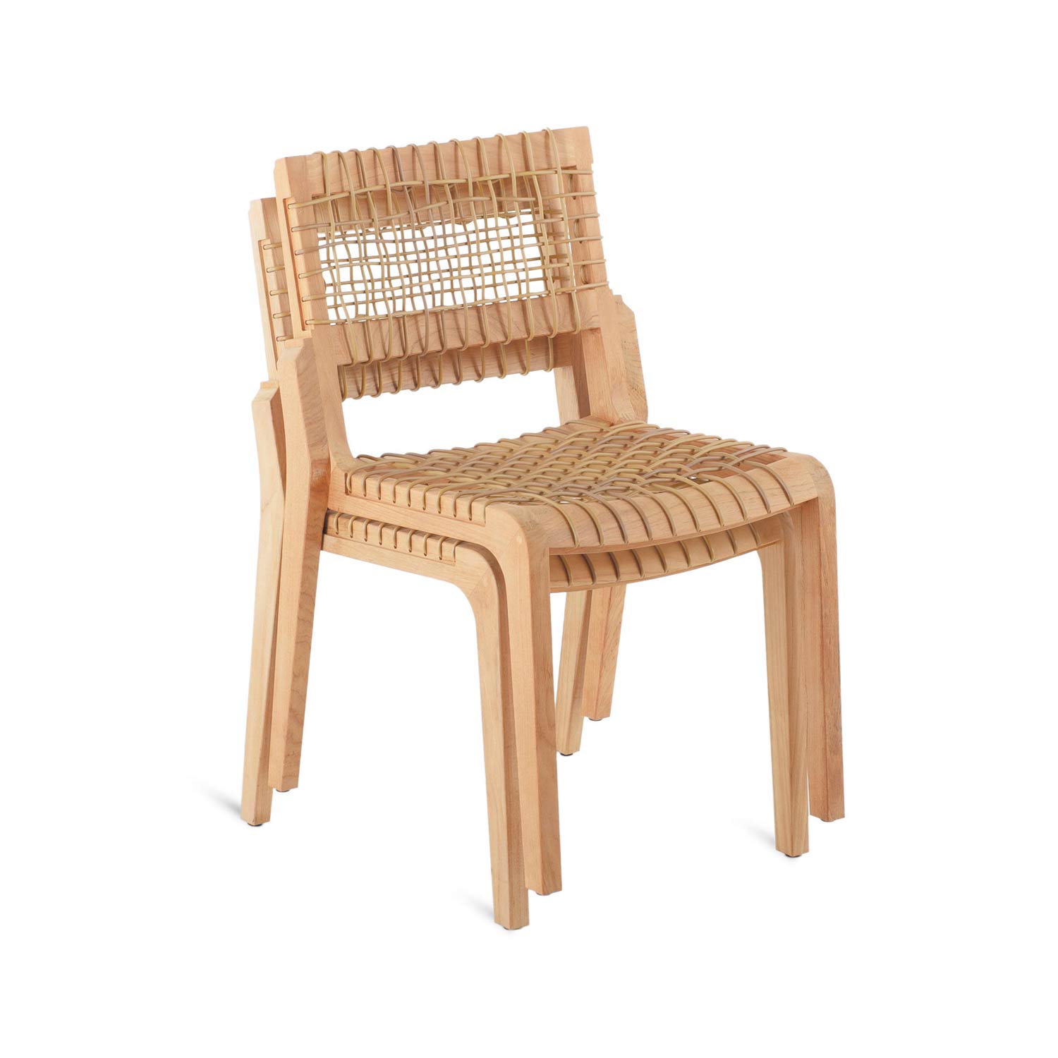 Stackable armless outdoor dining chair in natural teak with woven rattan-look seat and back, solid wood frame and gently curved legs in a minimalist coastal style.