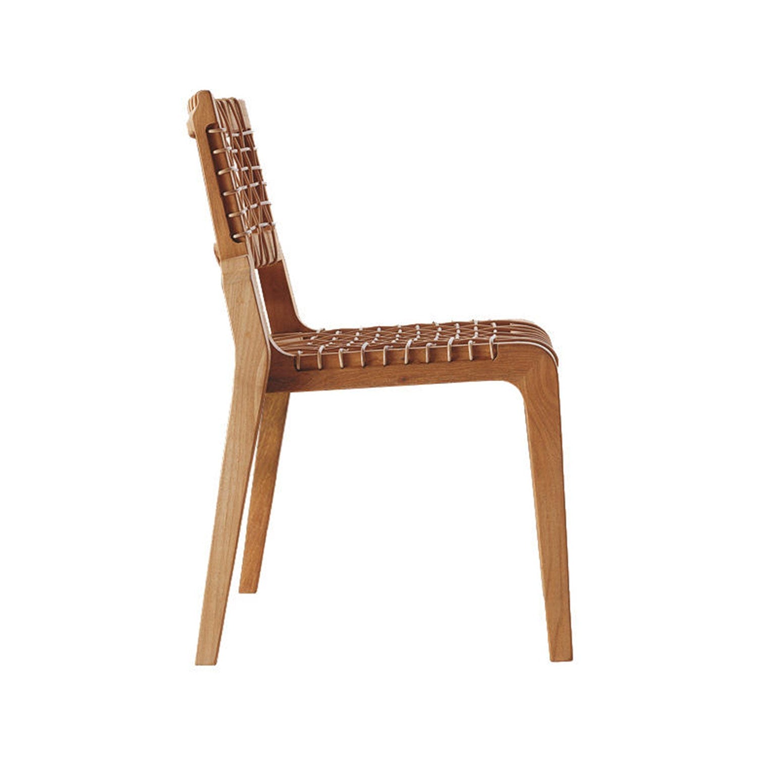 Side view of an armless teak outdoor dining chair in a natural finish, featuring a woven rattan seat and back on a solid wood frame with tapered legs and a minimalist coastal silhouette.