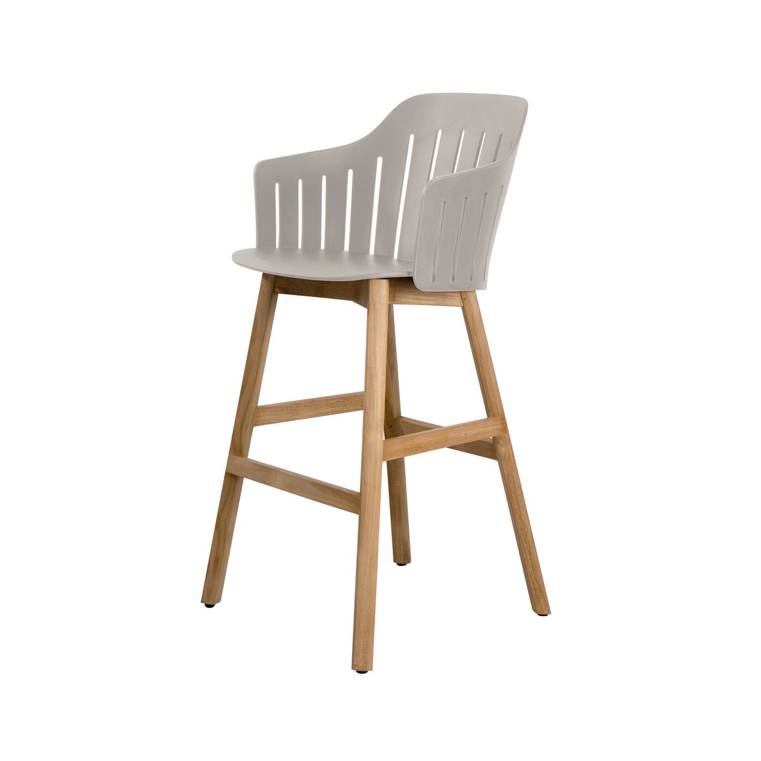 Coastal-style bar stool with a natural teak four-legged base and a light gray curved slatted seat with integrated low arms and a front crossbar footrest, shown on a white background.