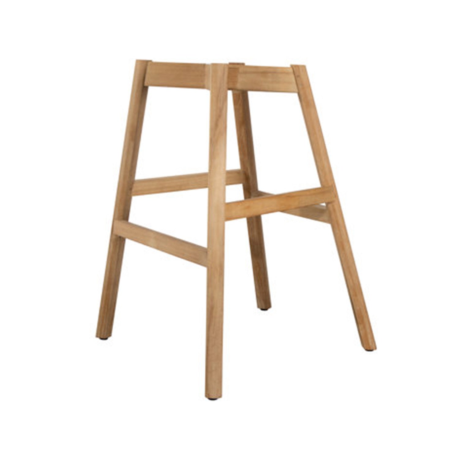 Four-legged teak bar stool base with angled legs and crossbar footrest in a natural teak finish, shown without cushion or upholstery for outdoor or coastal counter seating.
