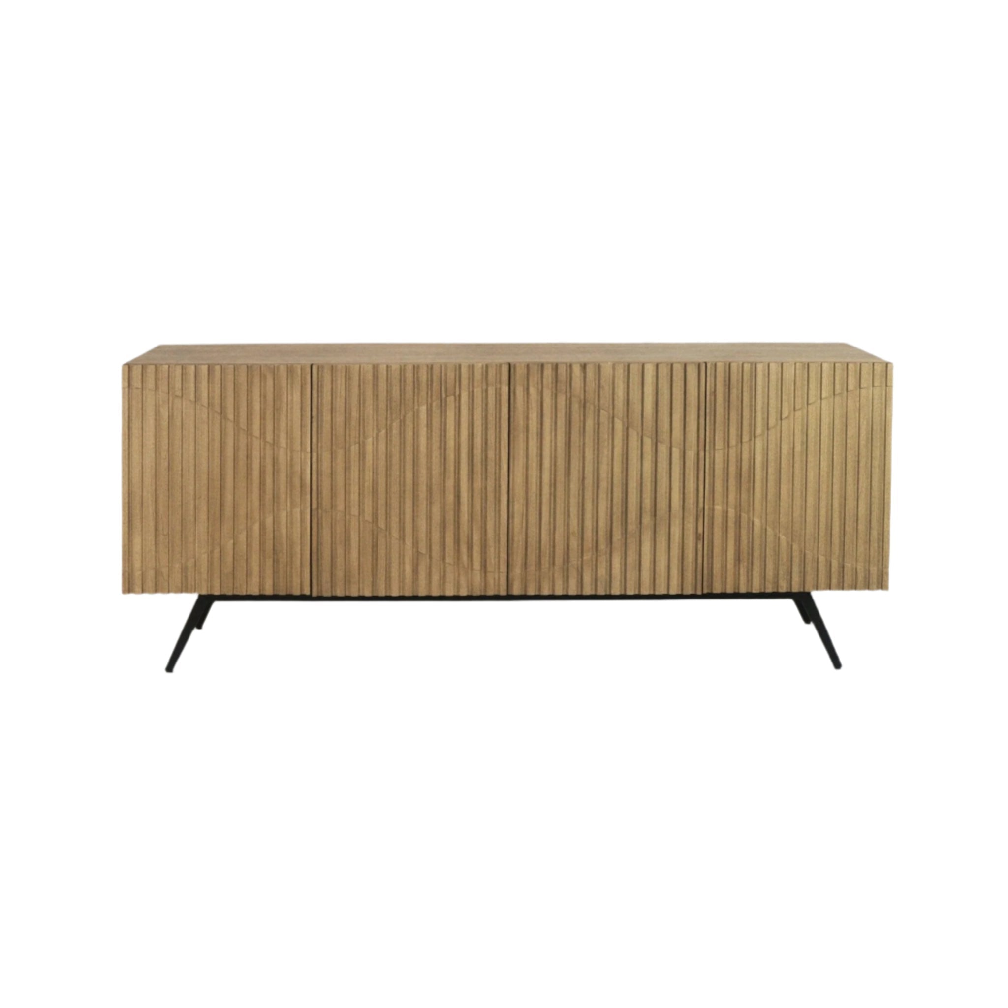 Mid-century modern teak sideboard with vertical ribbed front and subtle wave pattern, finished in warm natural teak and supported on slender black iron angled legs.