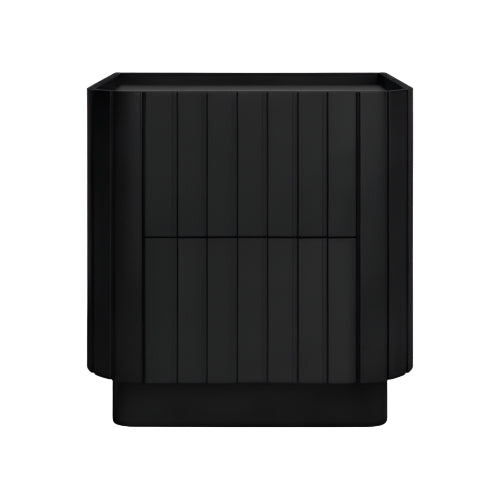 Modern black solid wood nightstand with vertical slatted drawer fronts, rounded side panels, a low recessed base and a raised tray-style top; two concealed drawers for bedside storage.