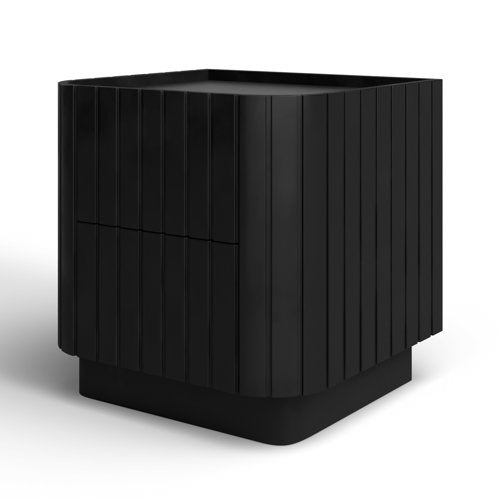 Modern black solid-wood nightstand with vertical slatted sides, two hidden drawers, rounded corners and a recessed top tray sitting on a low rounded pedestal base.
