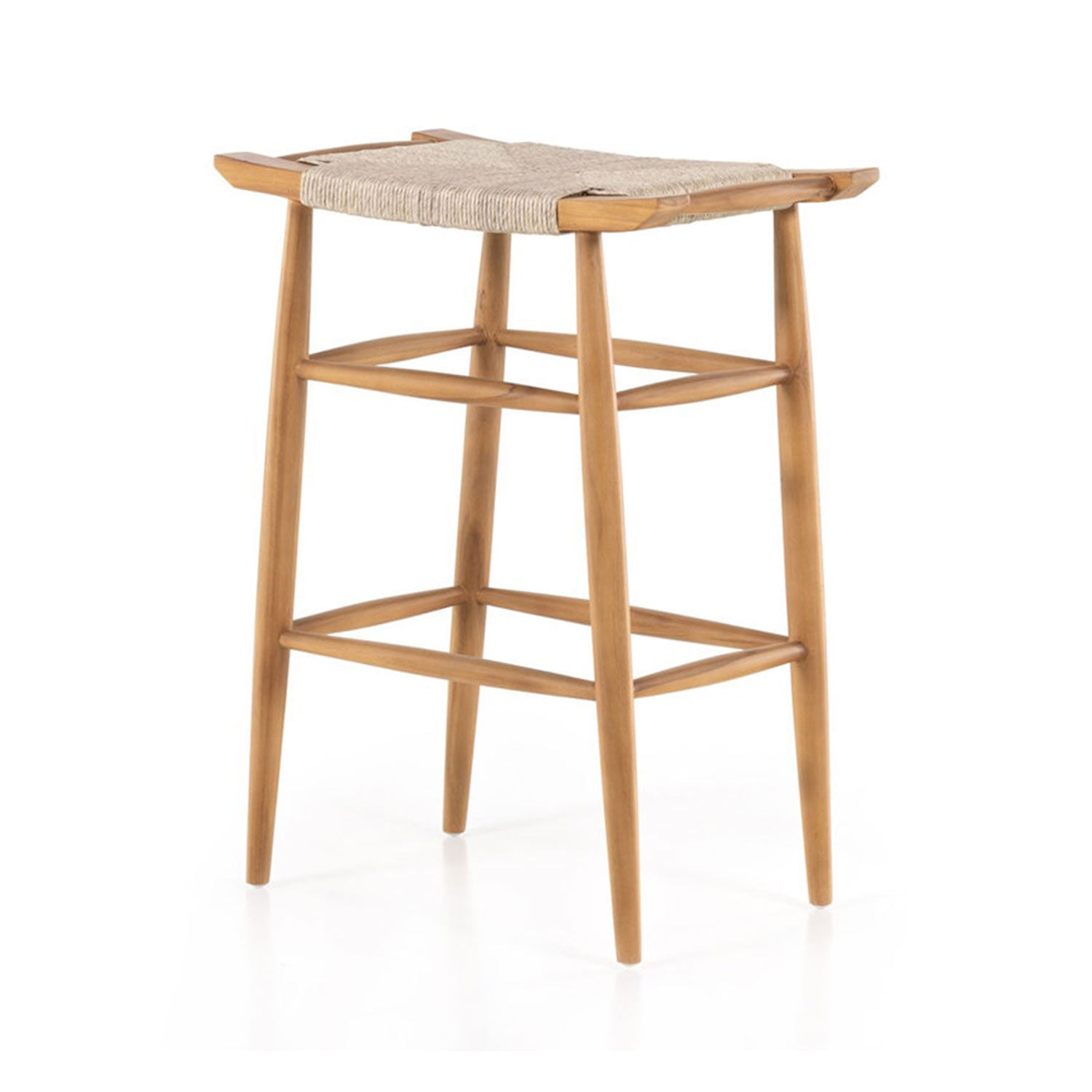 Backless teak bar stool with a woven natural-fiber seat, tapered legs and dual footrest rails in a light natural teak finish, coastal Scandinavian outdoor style.