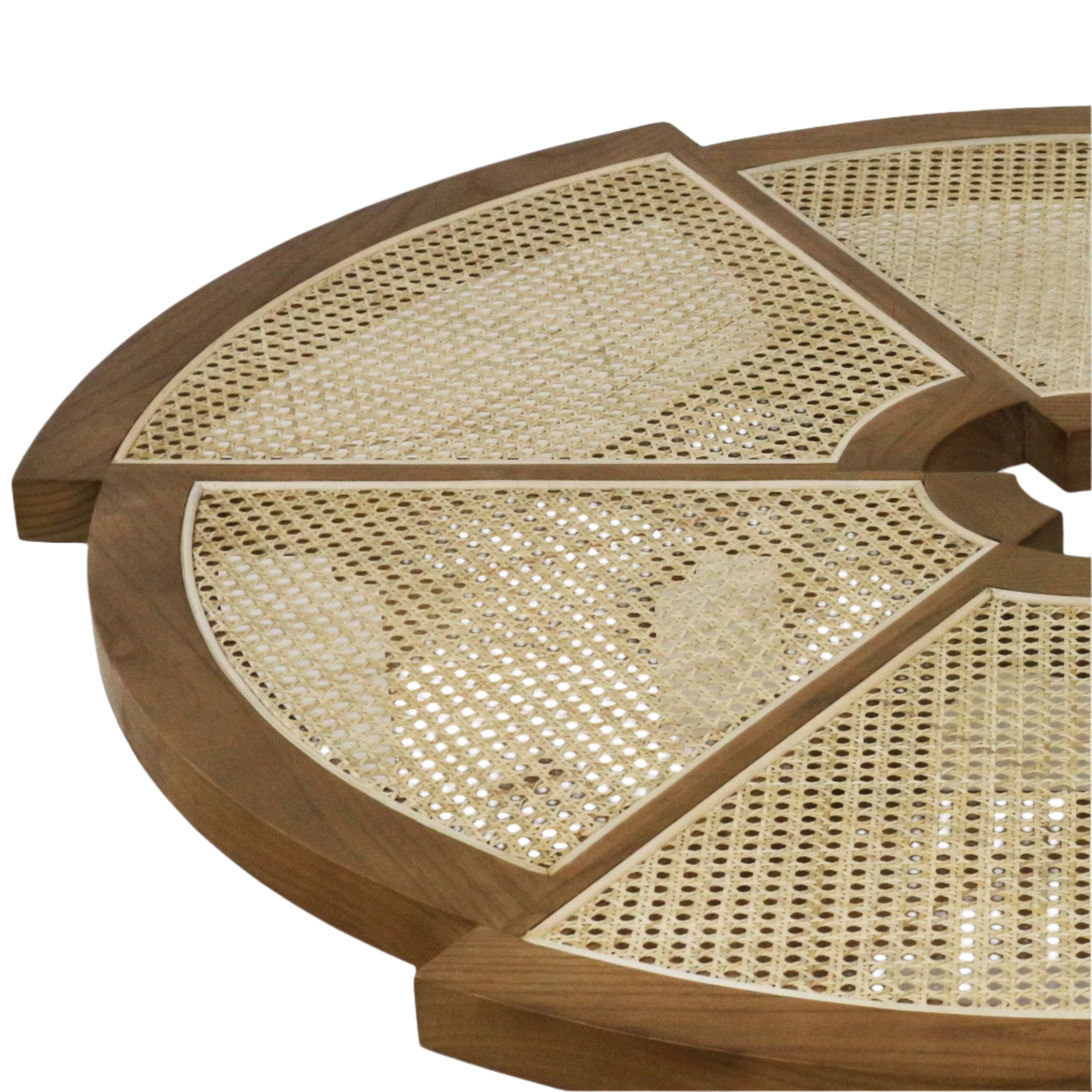 Close-up of a round coffee table top with a segmented natural wood frame and woven cane panels in a light beige finish, highlighting the detailed cane weave and smooth wood grain.