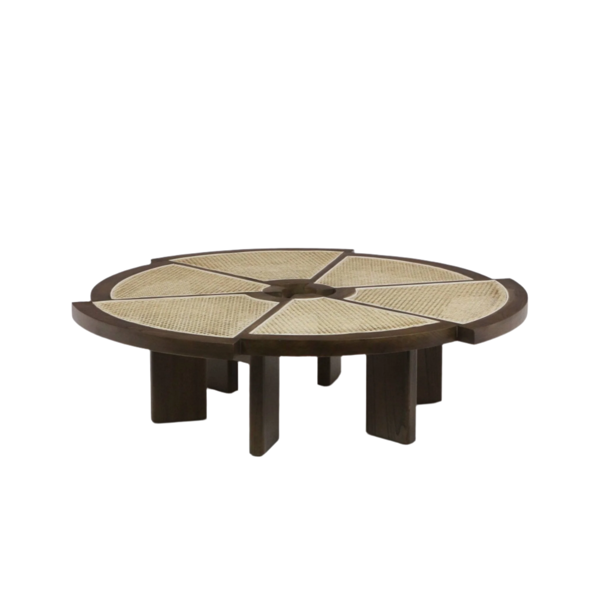 Low round coffee table in mahogany-finished solid wood with a natural cane inset top divided into radial panels and supported by thick block-style legs for a modern mid-century look.