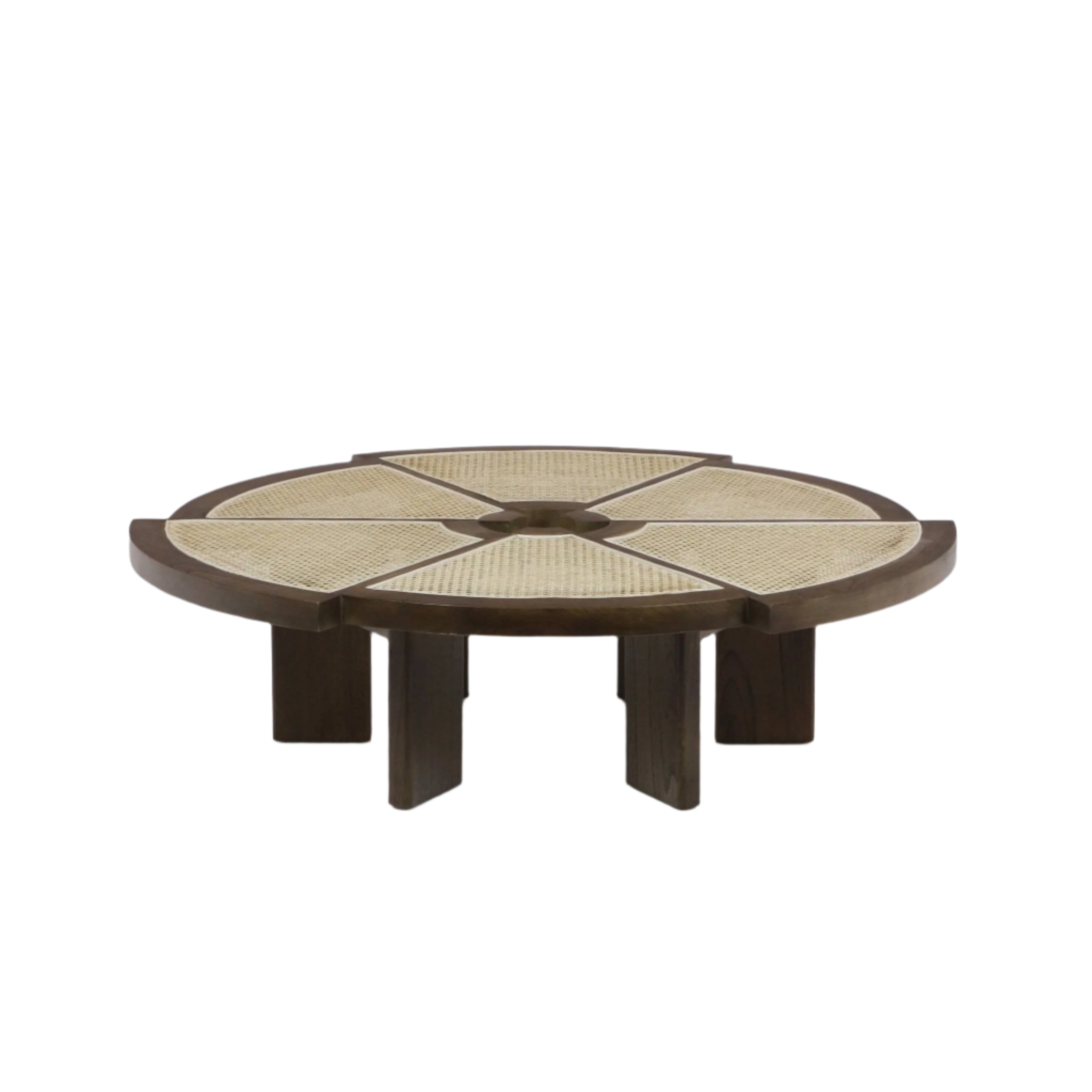 Low-profile round coffee table with a teak-brown solid wood frame and six short legs, featuring segmented natural cane insets on the top arranged in a radial star pattern.