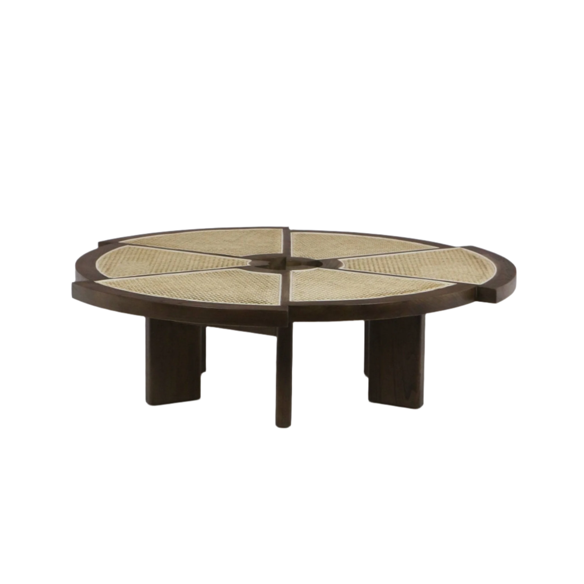 Round coffee table with a dark mahogany solid wood frame and natural cane inset panels divided into pie-like sections, low contemporary profile supported by four sturdy wooden legs.
