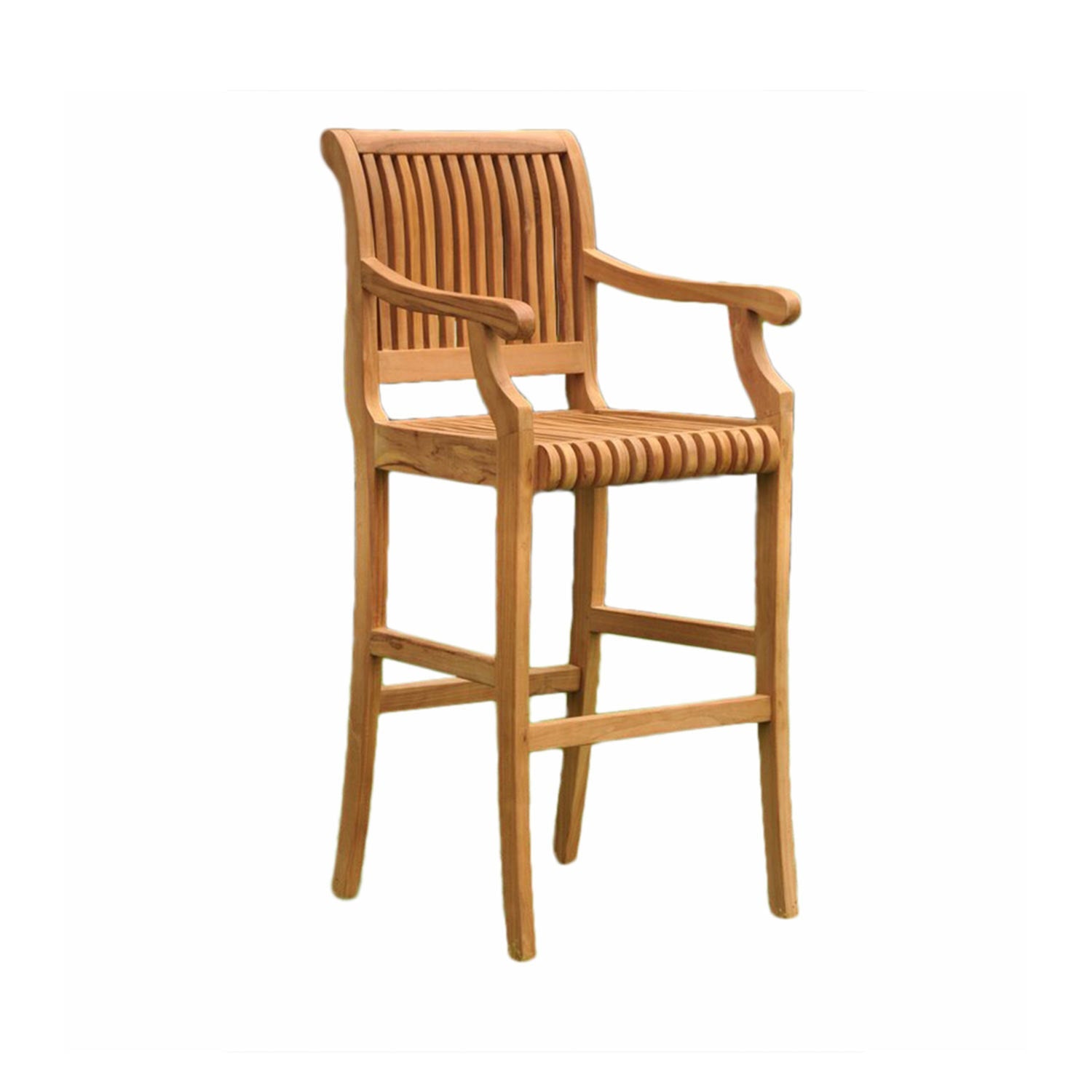 Solid teak outdoor bar stool with slatted seat and curved slat back, integrated armrests and footrest in a natural teak finish, ideal for coastal patios or kitchen islands.
