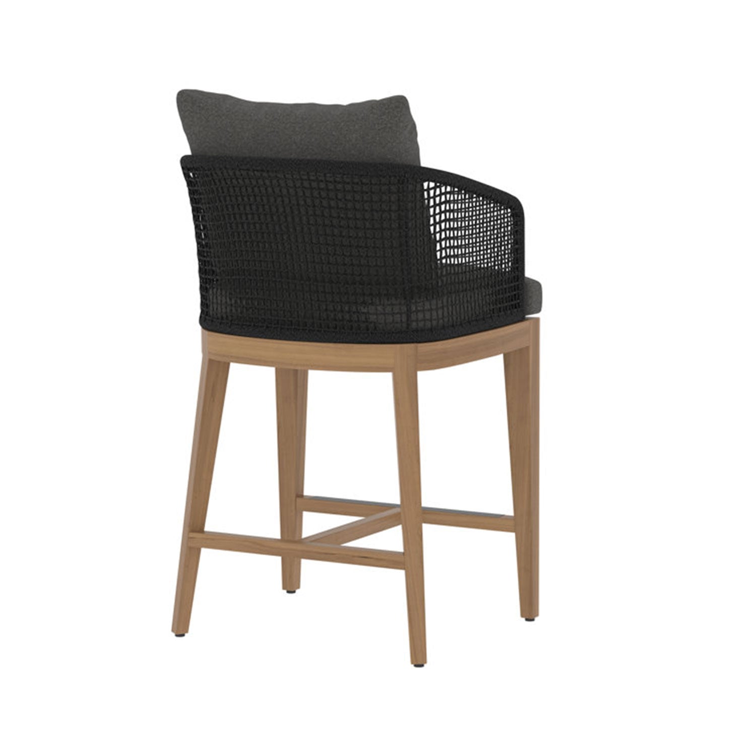 Counter-height outdoor bar stool with teak wood frame, black woven back and arm, and gray fabric seat and back cushions on a white background.