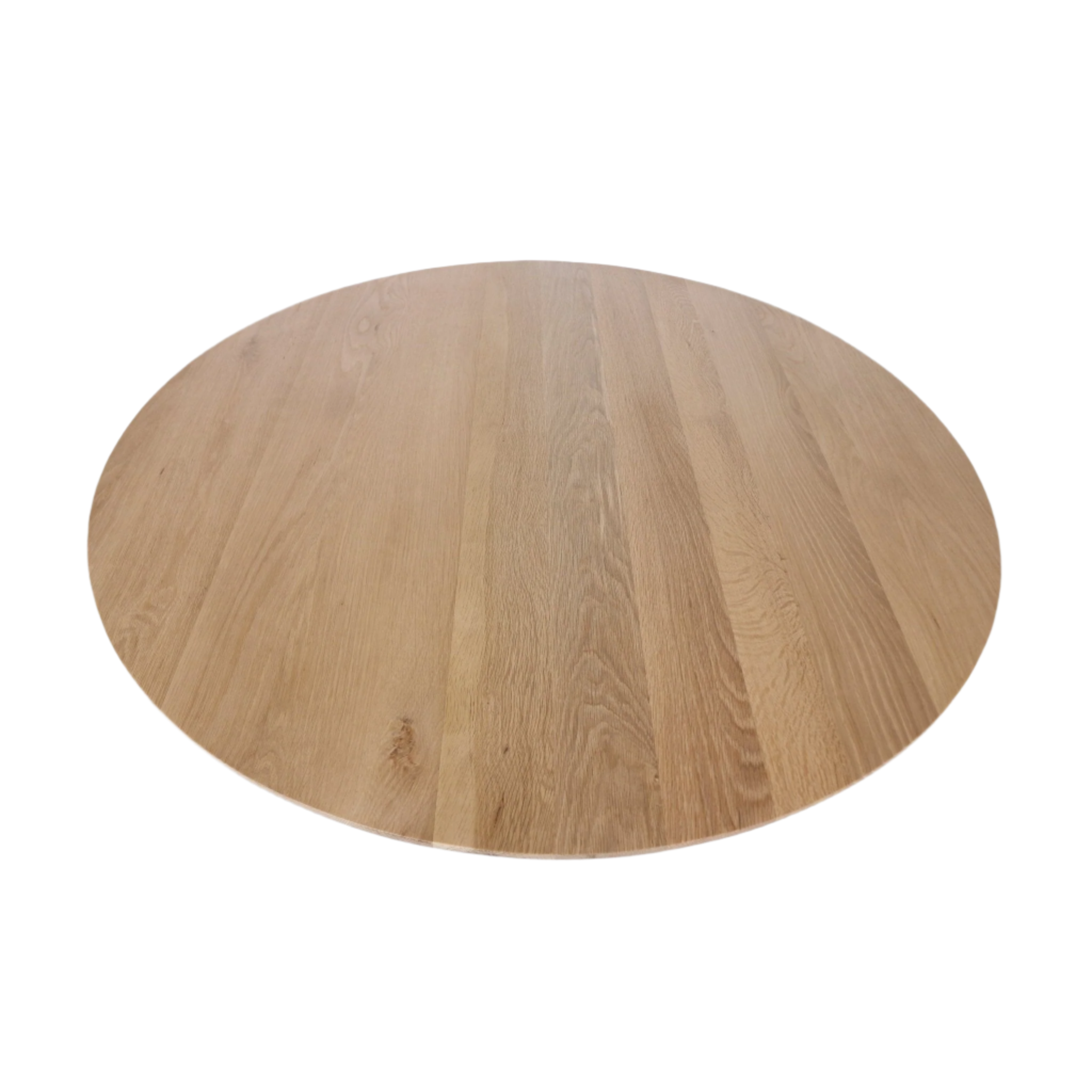 Round solid teak dining tabletop in a natural finish, showing clear wood-grain planks and a smooth edge, photographed against a white background.