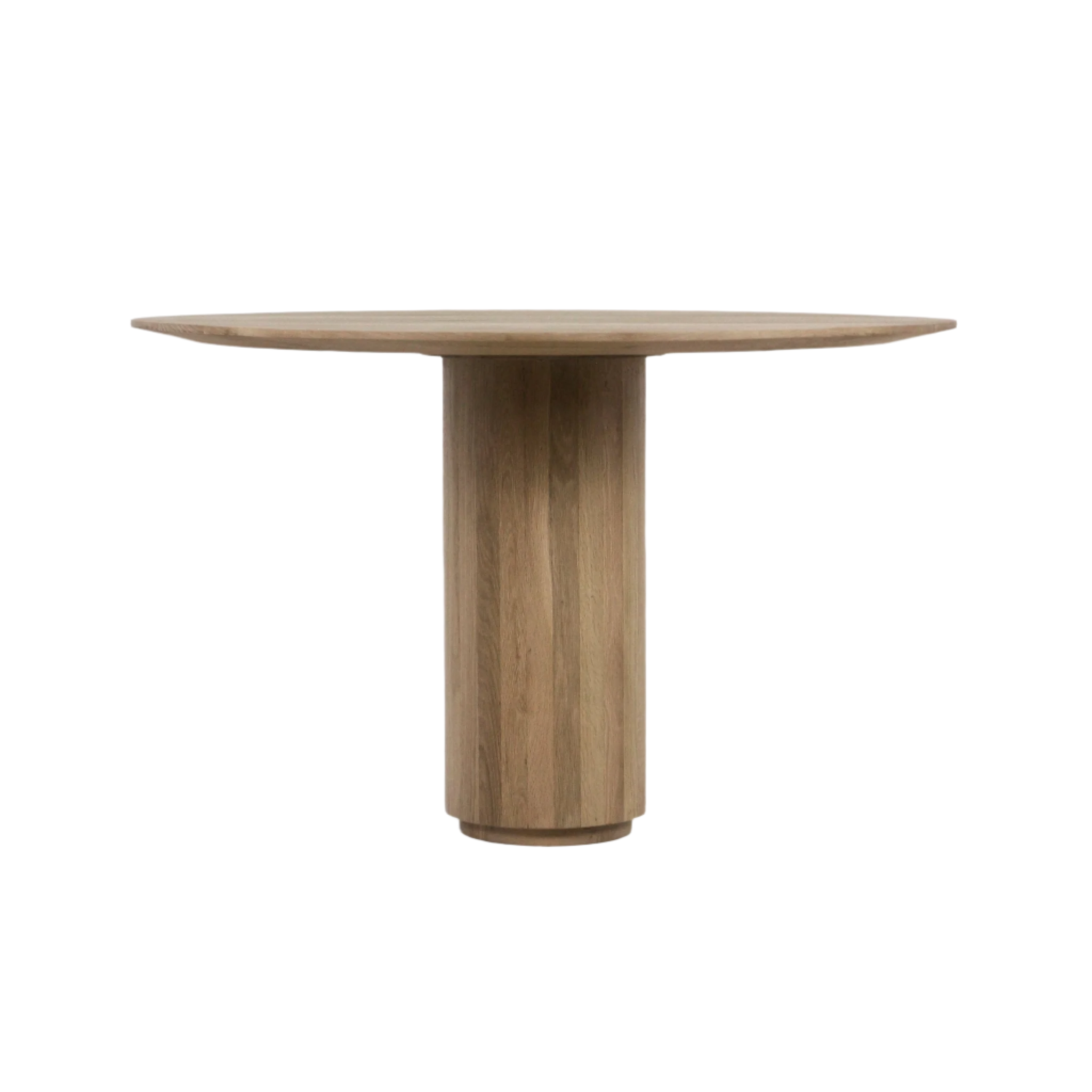 Round solid teak dining table in a natural finish with a thin circular top and single cylindrical pedestal base, mid-century modern style shown on a white background.