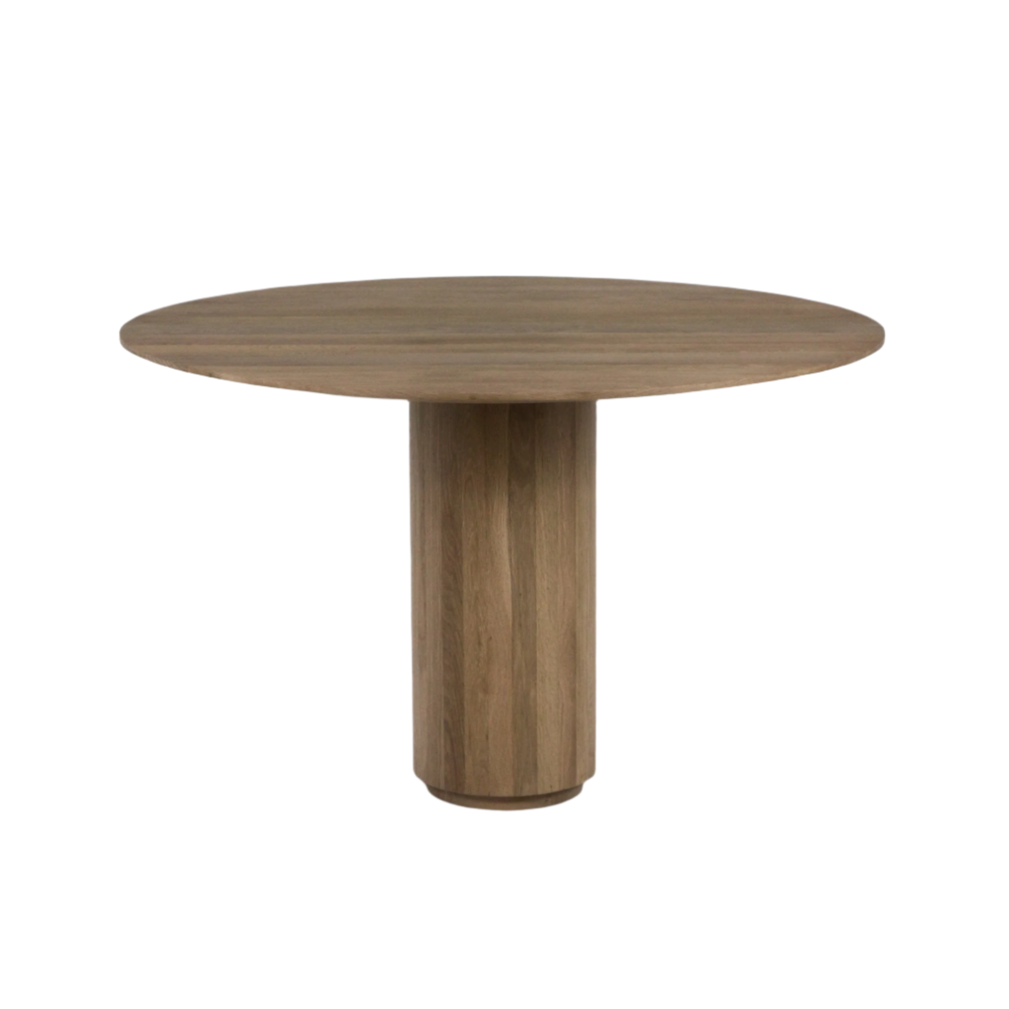 Round dining table in natural teak finish, featuring a solid wood top with visible grain and a single cylindrical pedestal base for a clean mid-century modern look.