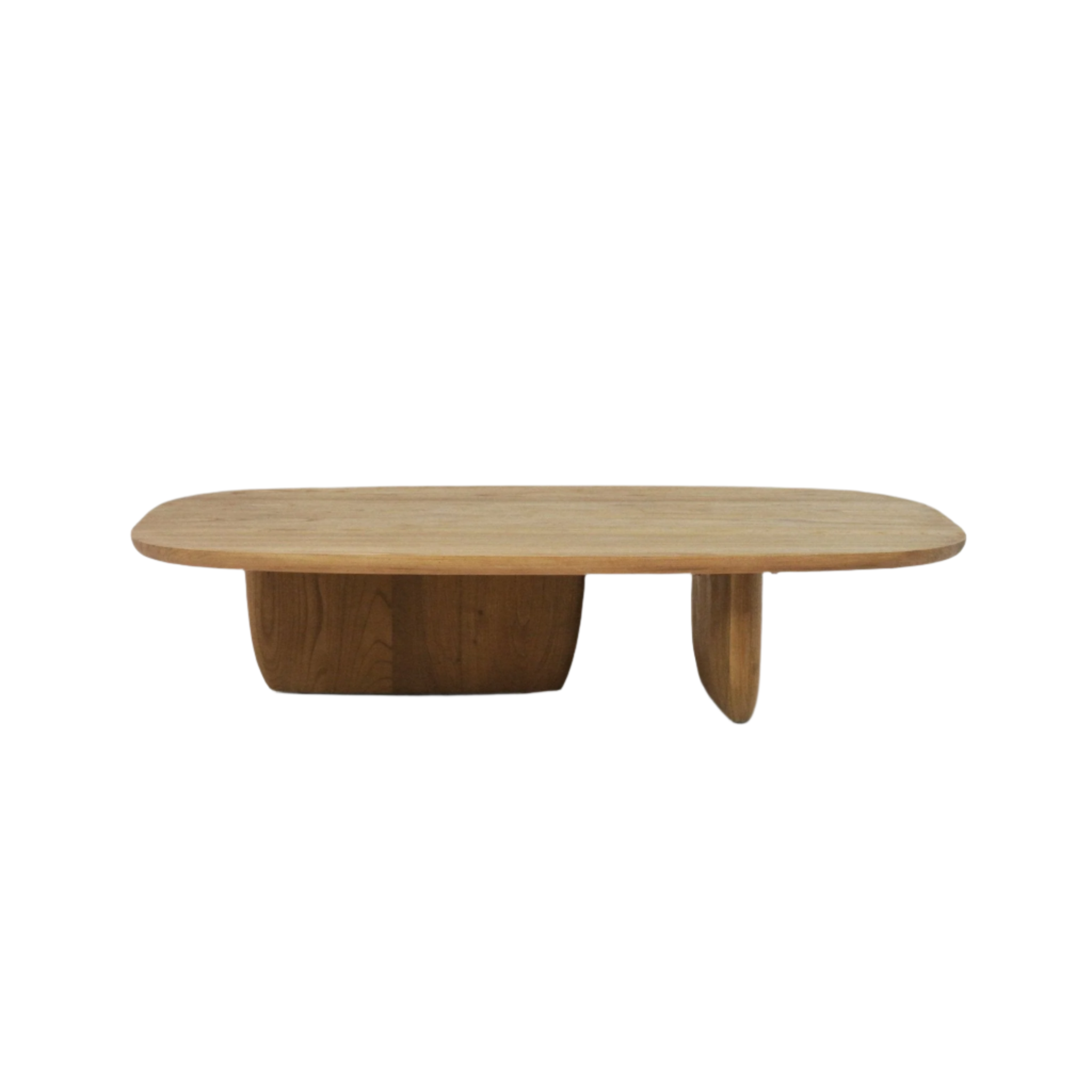 Low modern solid wood coffee table with a rounded oval top and two sculptural pedestal supports in a light natural wood finish, photographed against a white background.