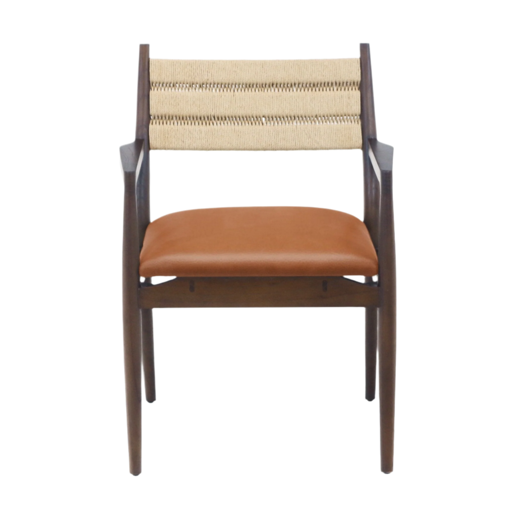 Front view of a dining chair with a tan leather seat, woven natural rope backrest and dark natural wood frame with sculpted arms, mid-century Scandinavian-inspired coastal design.