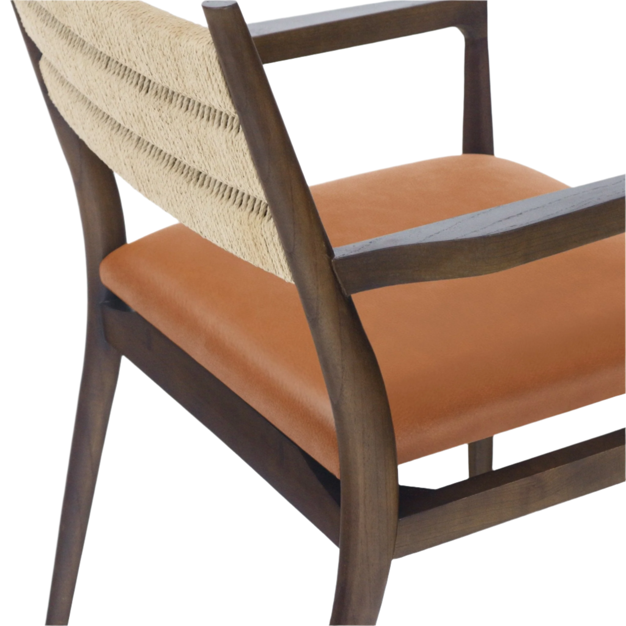 Close-up of a dining chair with a tan leather seat, woven natural rope backrest and dark stained solid wood frame with curved armrests and tapered legs.