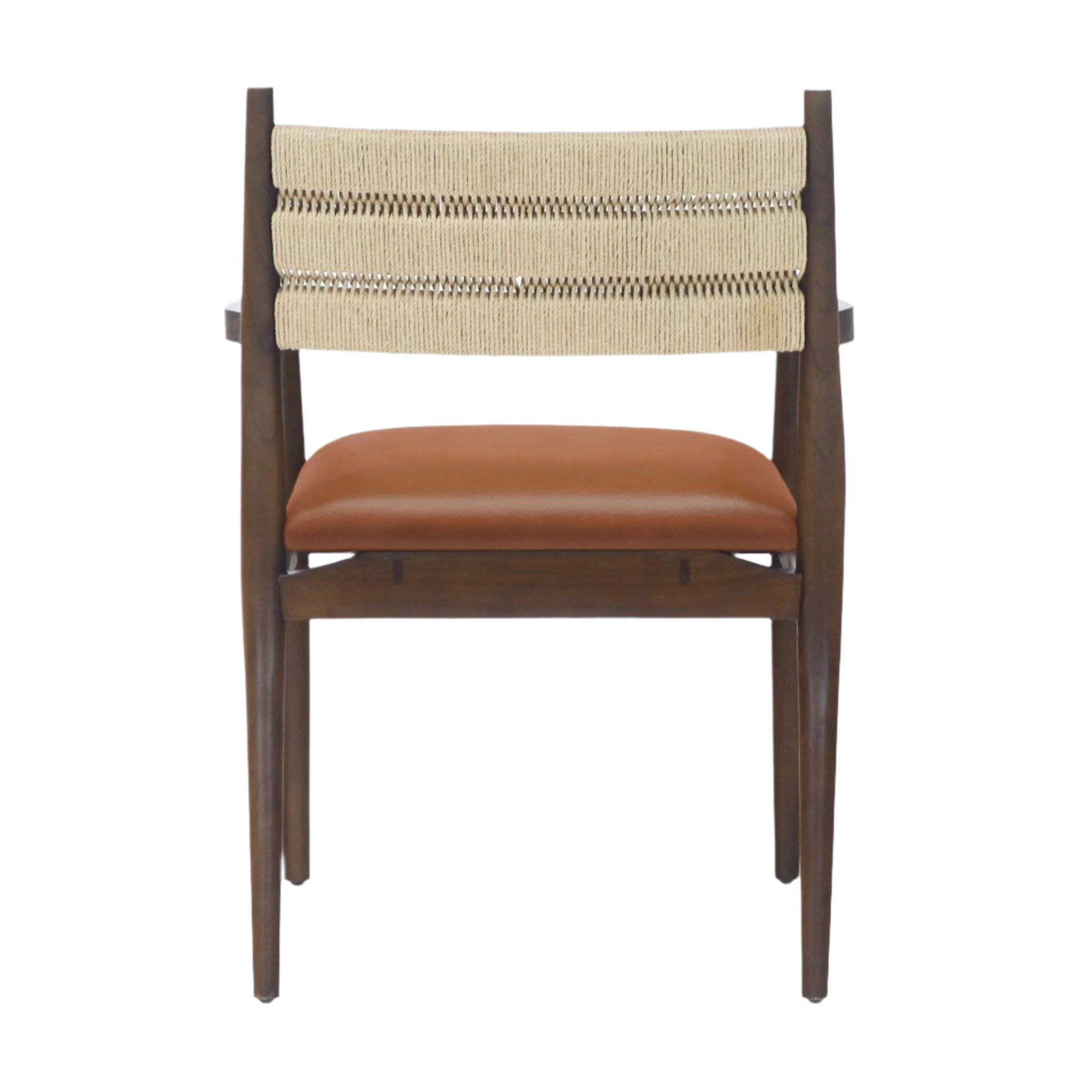 Front view of a dining chair with a tan leather cushioned seat, woven natural rope backrest and warm brown solid wood frame with tapered legs on a white background.