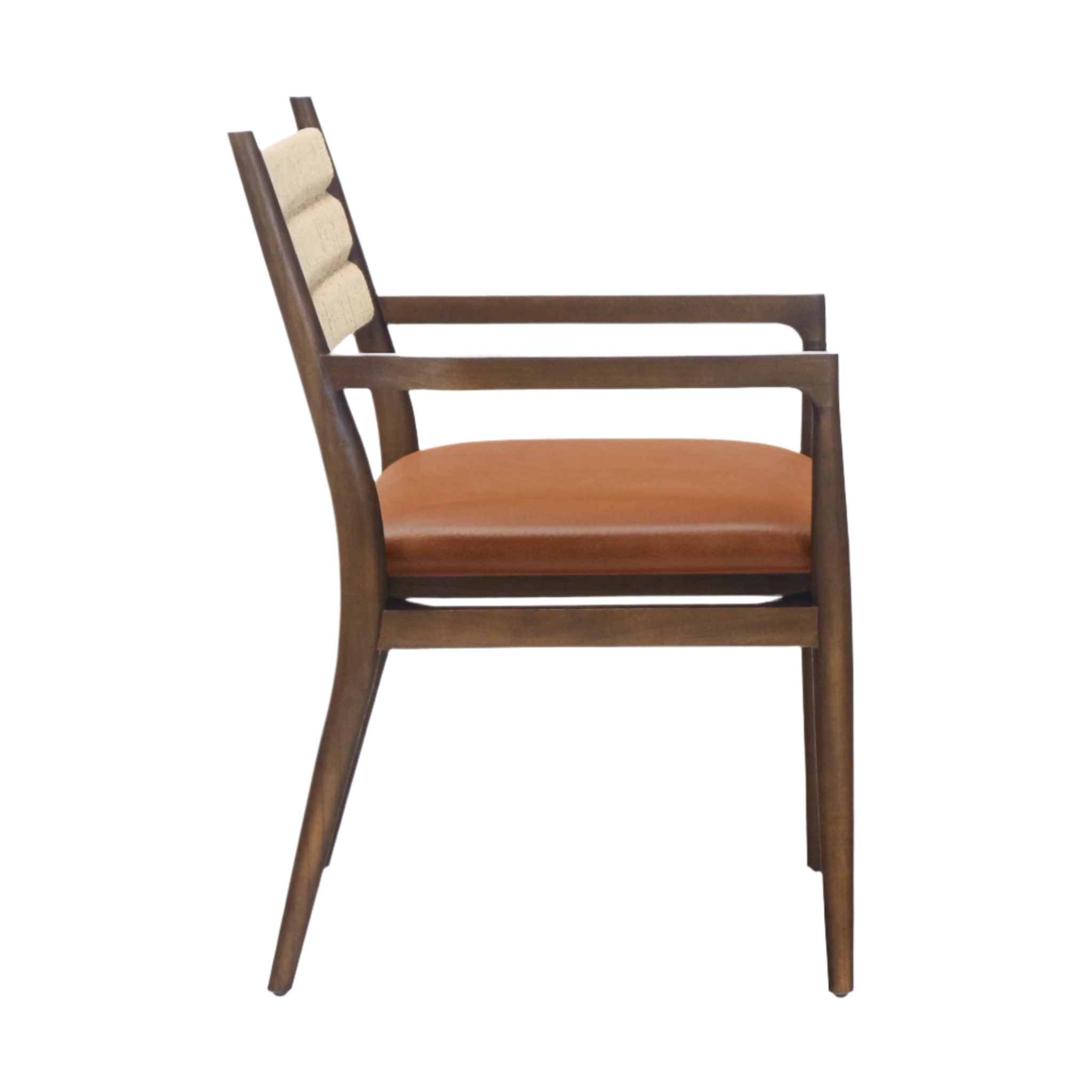 Side profile of a coastal-style dining chair featuring a tan leather seat, cream woven rope backrest and curved natural wood frame with integrated armrests.