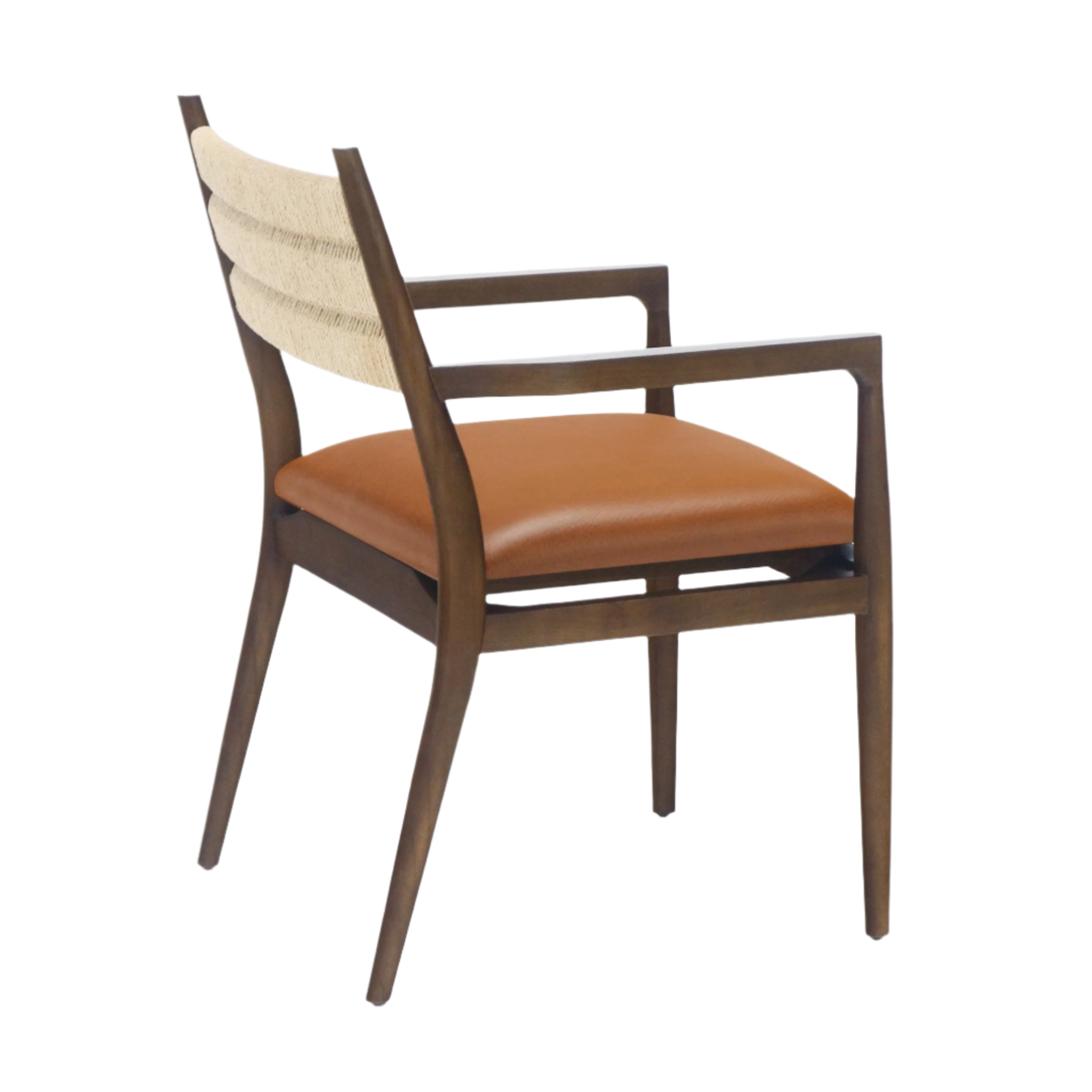 Dining chair with a tan leather seat cushion, warm natural-wood frame and arms, and a woven natural rope backrest with three horizontal bands; tapered angled legs create a coastal Scandinavian silhouette.