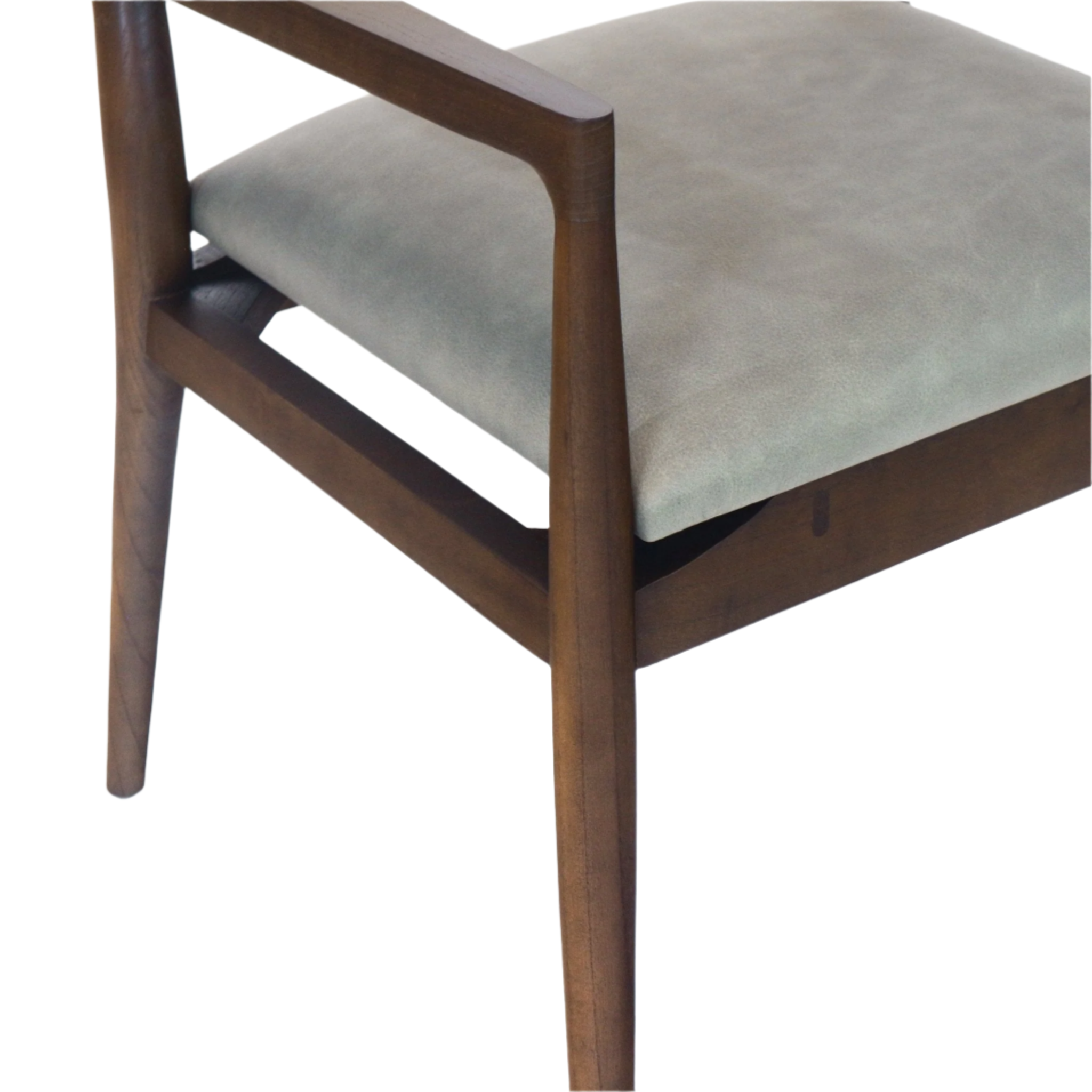 Close-up of a mid-century modern dining chair showing the natural wood arm and tapered leg with a soft blue leather upholstered seat cushion and visible wooden seat frame.
