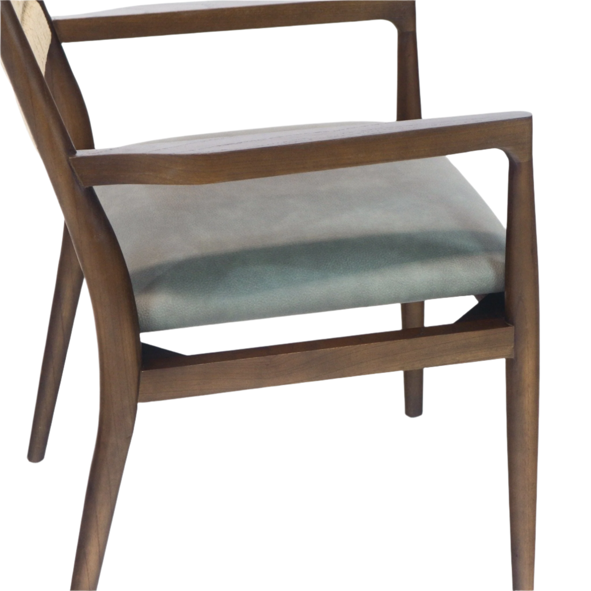 Close-up of a mid-century modern dining chair showing its natural wood arm and tapered legs, a blue leather seat cushion, and a horizontal wooden stretcher support.