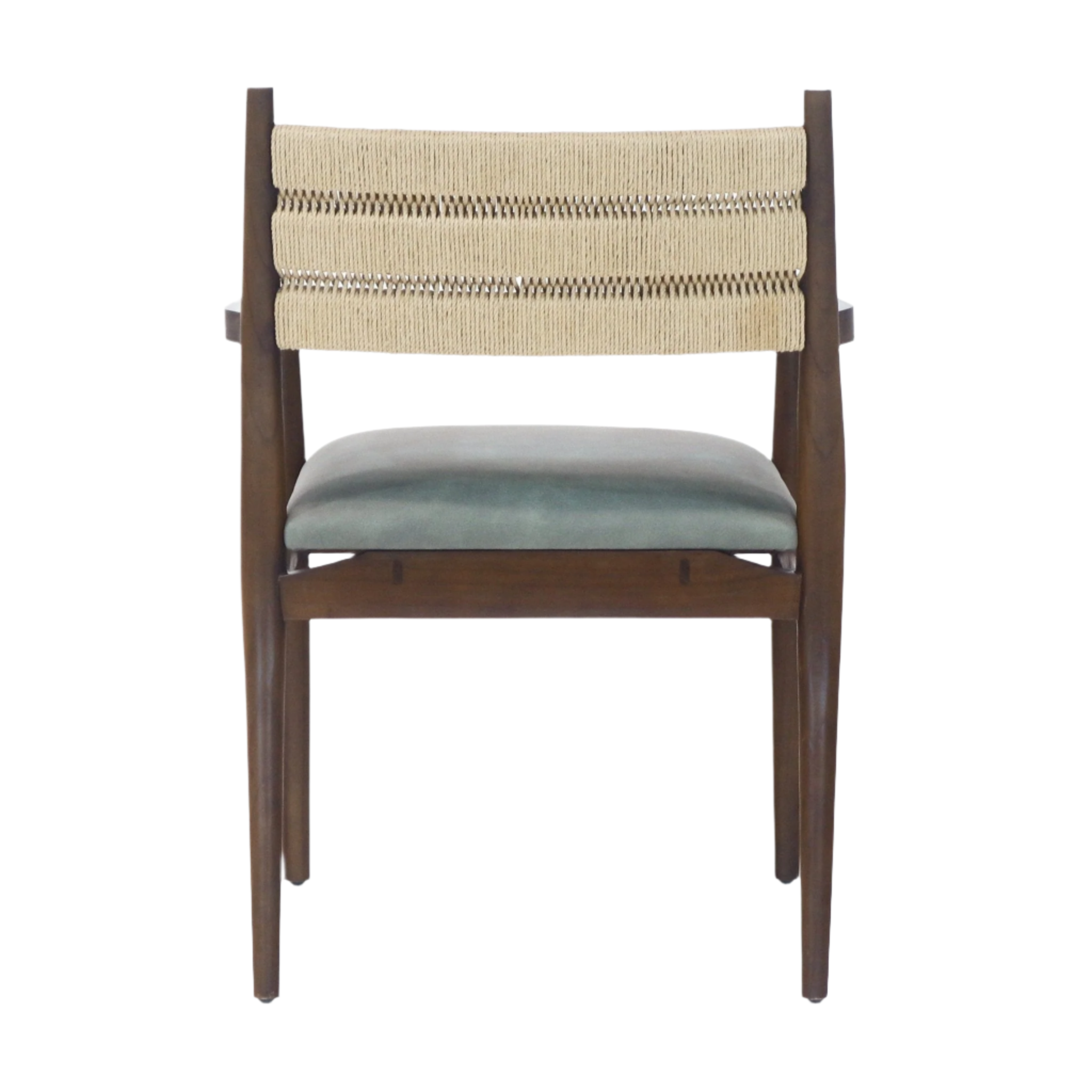 Front view of a coastal mid-century modern dining chair with a tan woven rope backrest, blue leather seat cushion, and walnut-tone solid wood frame with tapered legs.