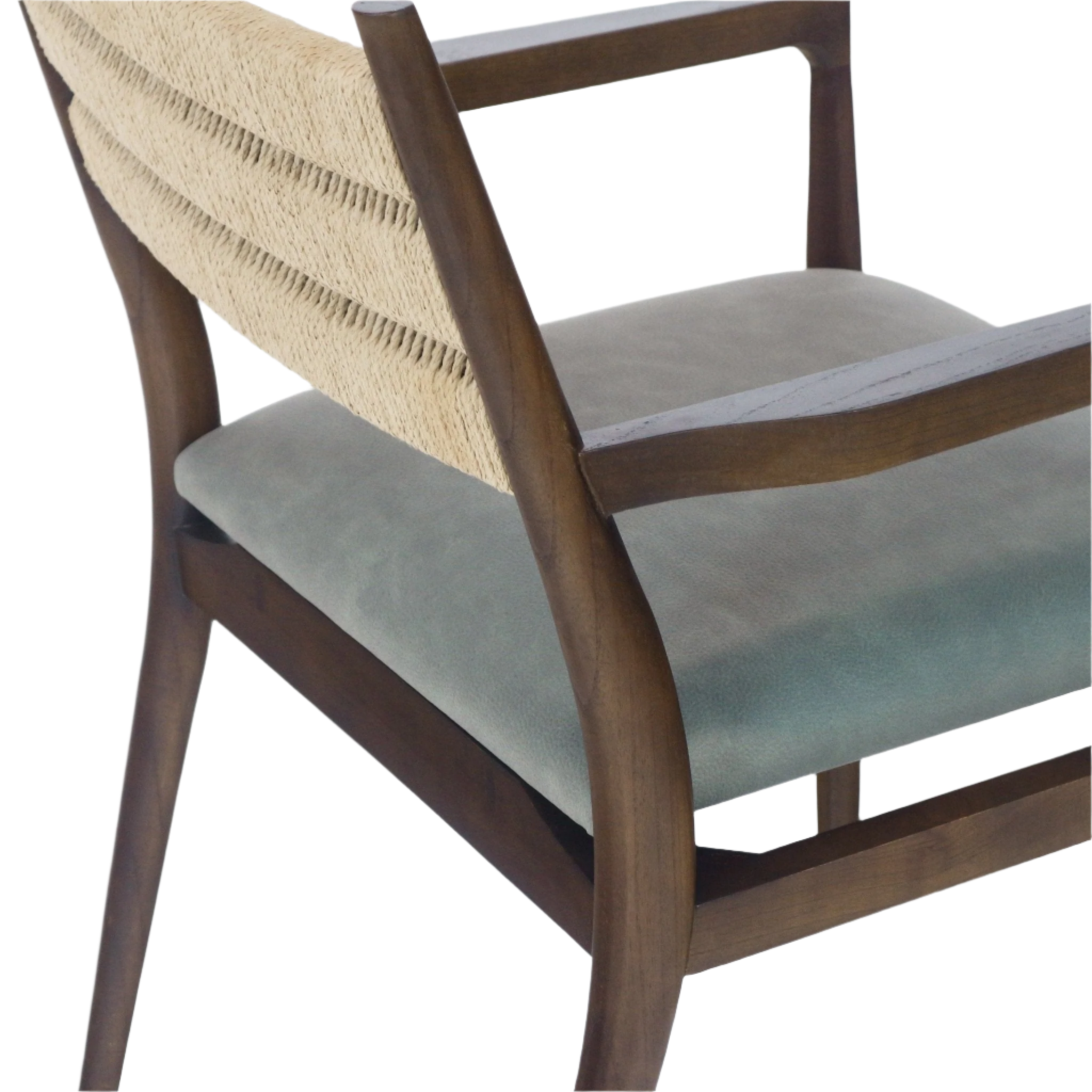 Close-up side view of a mid-century modern dining chair with a natural woven rope backrest, blue leather seat cushion and warm walnut-finish wooden frame with tapered legs and armrest.