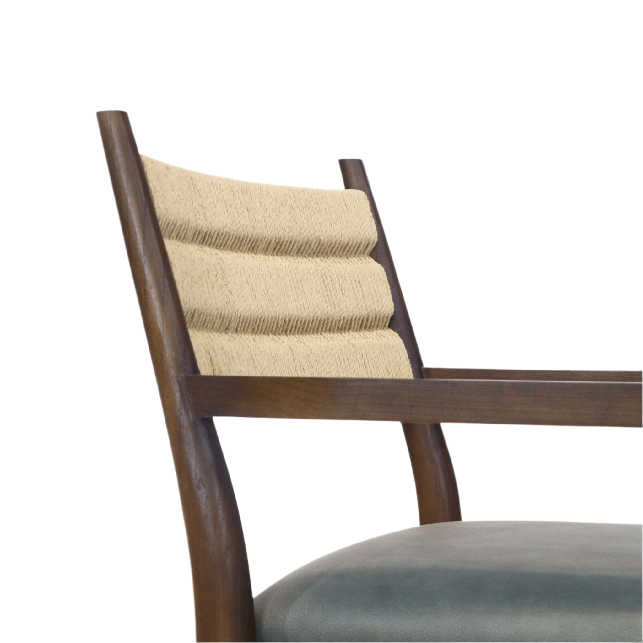 Close-up of a dining chair showing a tan woven rope backrest framed by dark wood arms and a cushioned blue faux-leather seat, highlighting the woven texture and mid-century coastal silhouette.