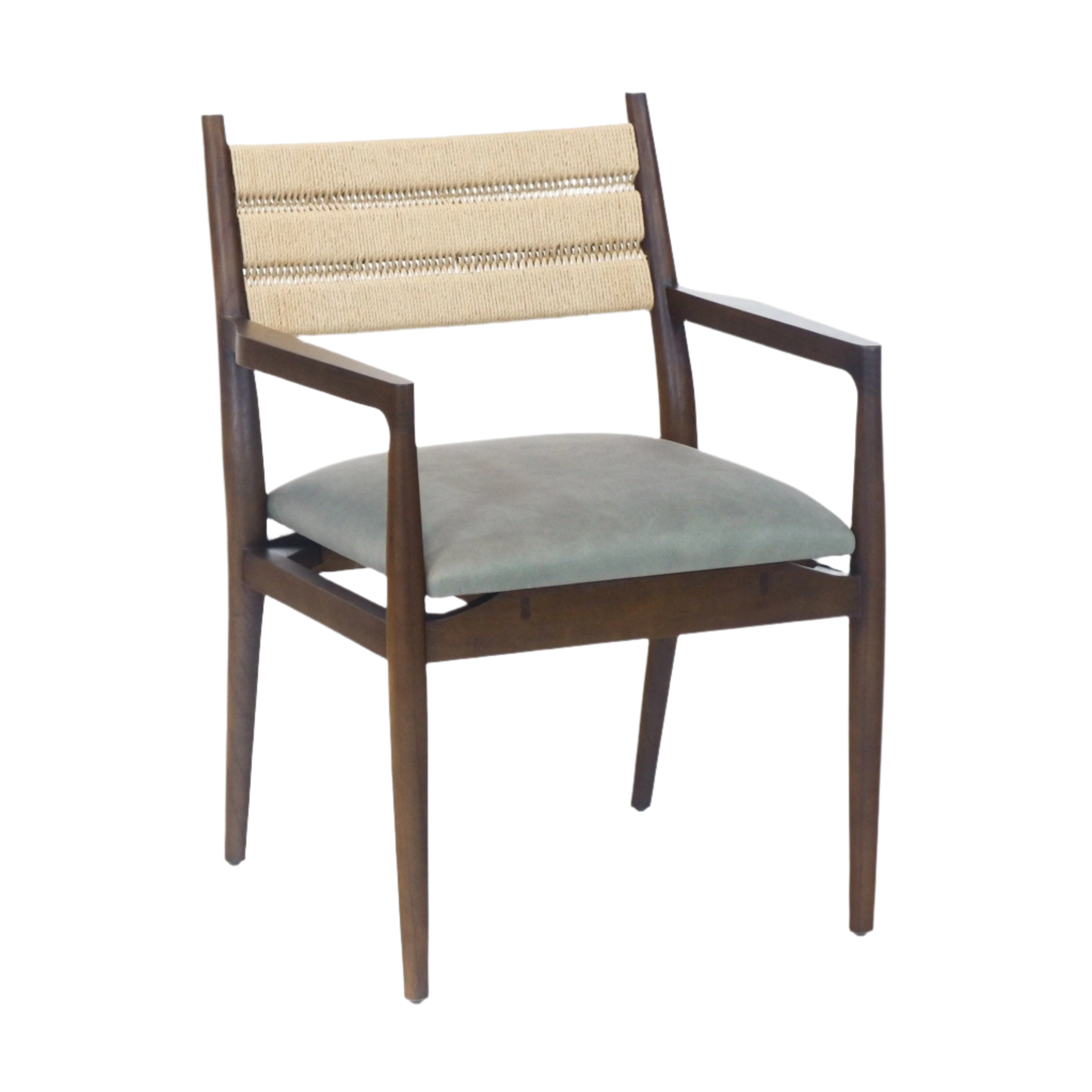 Mid-century modern dining chair with a dark wooden frame, woven natural rope backrest and cushioned blue faux-leather seat, slim tapered legs and wooden armrests.