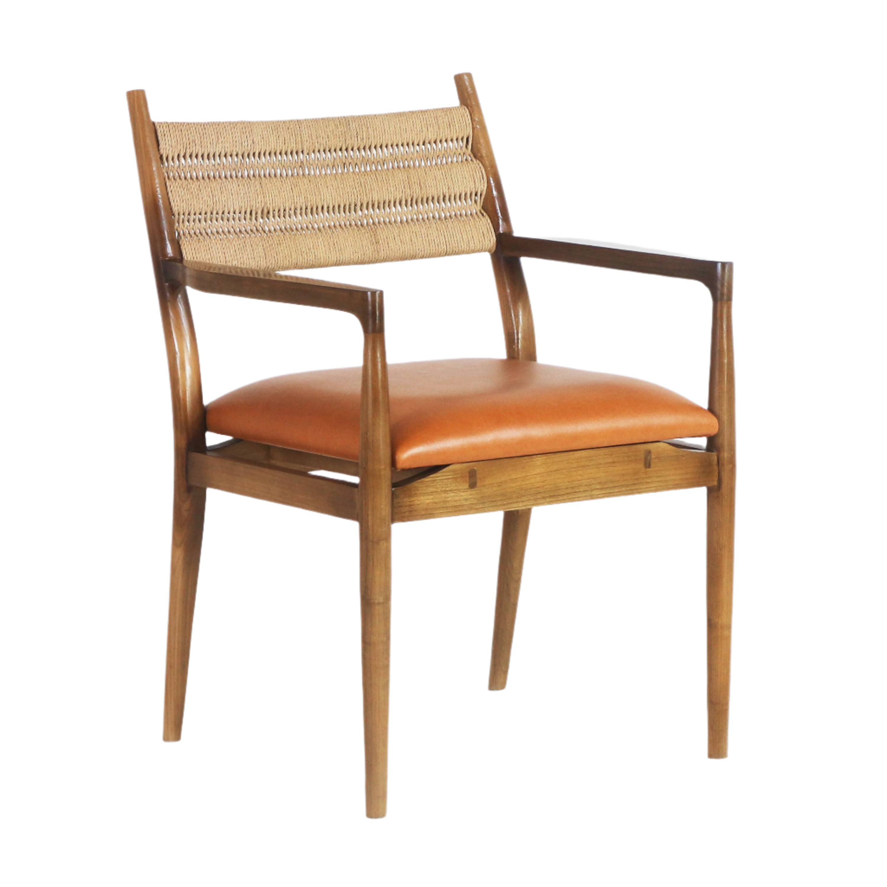 Single coastal-contemporary dining armchair shown on a white background with a natural wood frame, tan leather seat cushion and woven beige rope back, slim tapered legs and open wooden armrests.