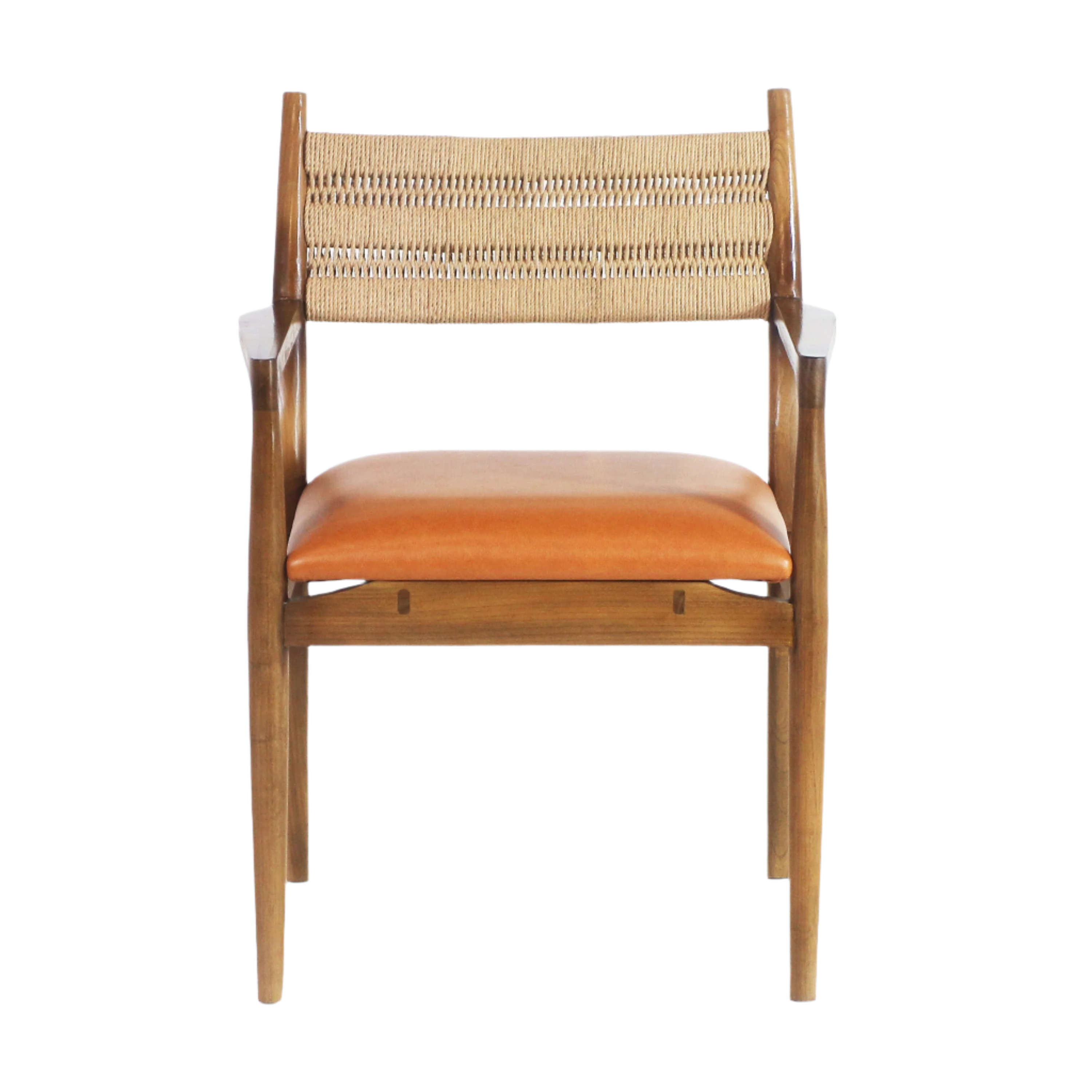 Front view of a coastal-style dining chair with a caramel faux-leather seat, woven natural rope back and warm natural wood frame with slim arms and tapered legs.