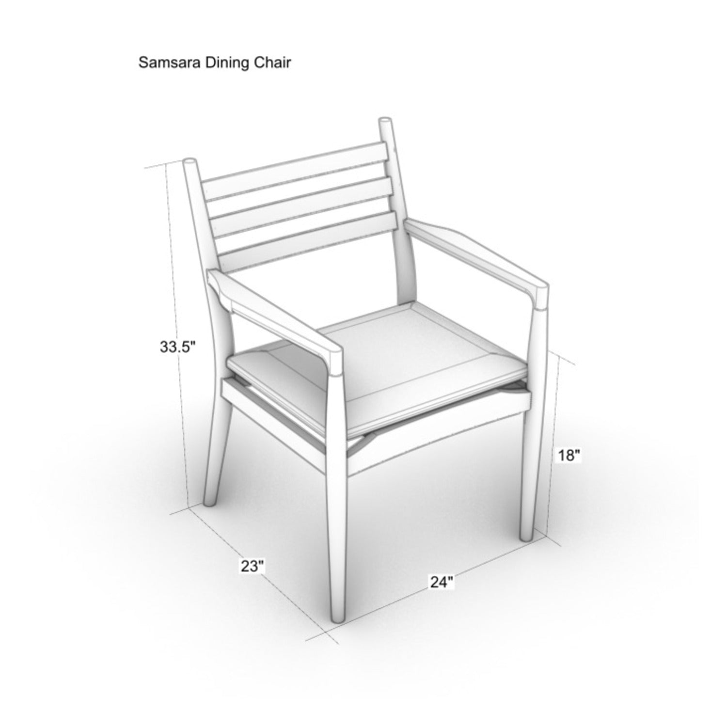 Grayscale technical illustration of a dining armchair with natural wood frame, rope slatted back and upholstered faux-leather seat cushion, annotated with dimensions (33.5" H, 24" W, 23" D, 18" seat height).